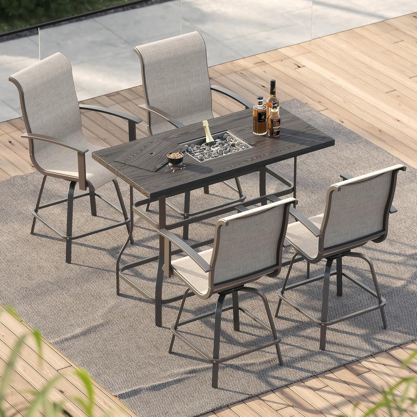 Grand patio Outdoor Bar Table, Faux Wood Grain Dining Table with Ice Bucket for Indoor Outdoor Kitchen Bistro Small Space Restaurant