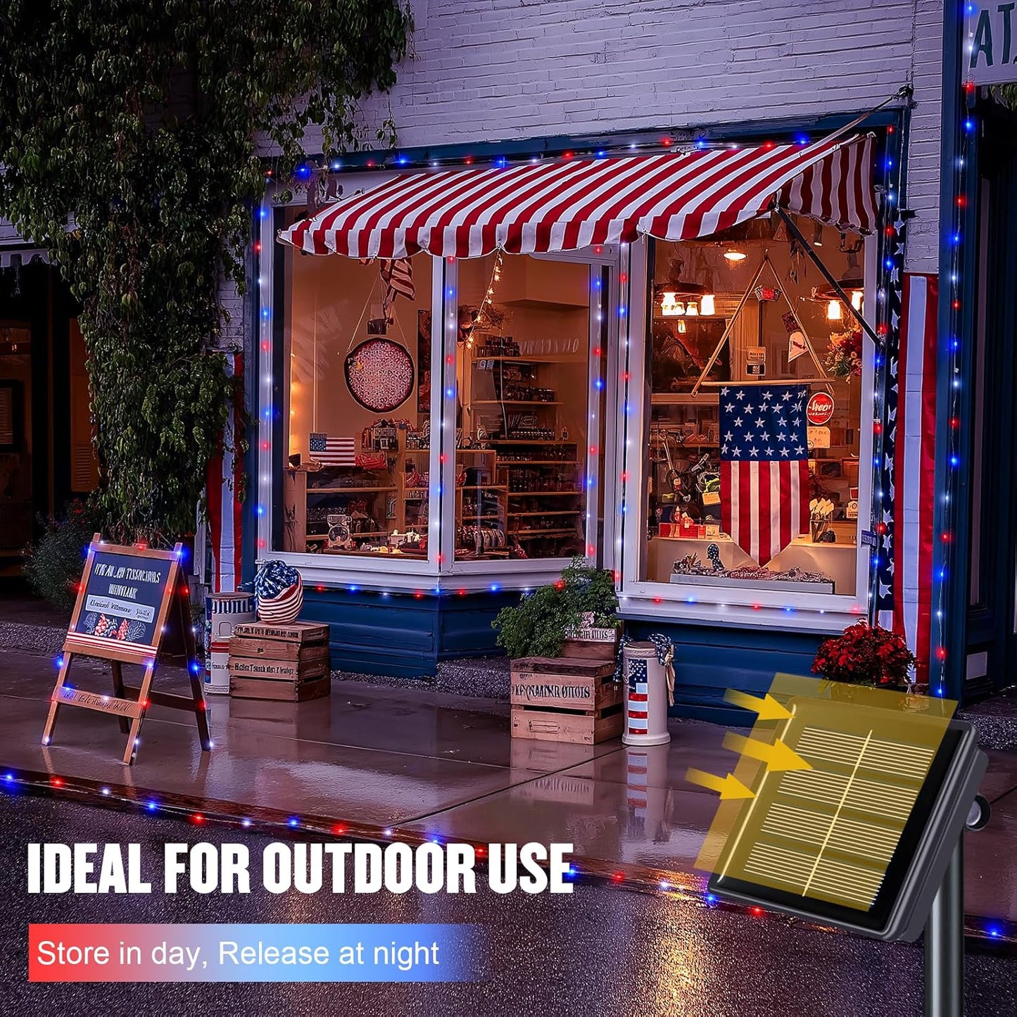 JMEXSUSS 2 Pack Red White and Blue Solar Lights, Each 100 LED 33FT Solar Fairy Lights Outdoor Waterproof, 4th of July Solar String Lights for Independence Day Outside Decorations