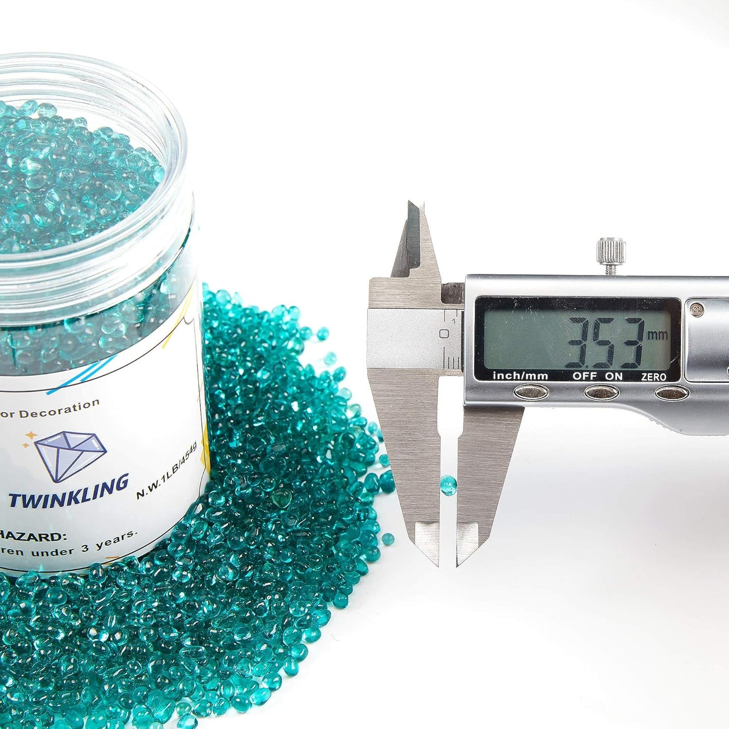 TWINKLING High Luster Round Fire Glass Stones,Glass Marbles Pebbles,Glass Beads Gems for Fire Pit Vase Fillers Crafts Aquarium Garden Decoration,3-6mm,1-Pound Jar (Turquoise)