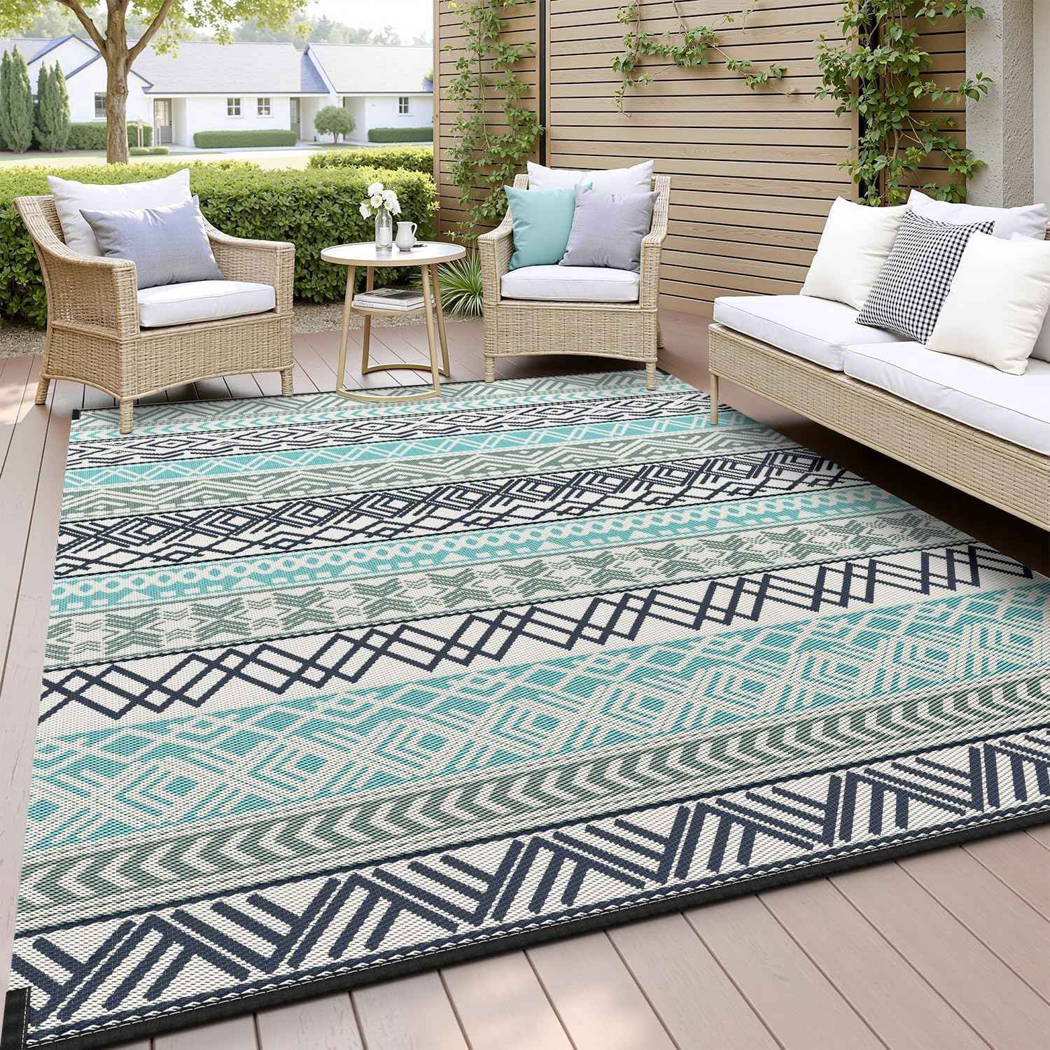 MontVoo Outdoor Rug Carpet 8x10 Waterproof-Patio Rug Mat Reversible RV Camping Rug Picnic Mat Plastic Straw Outside Rug for Balcony Porch Deck Beach-Boho Outdoor Area Rug for Patio Decor Colorful