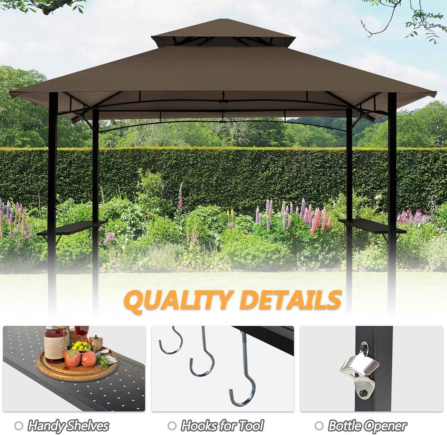 8'x 5' Grill Gazebo Canopy, Outdoor BBQ Gazebo with Led Light, Barbeque Gazebos Shelter for Patio (Brown)