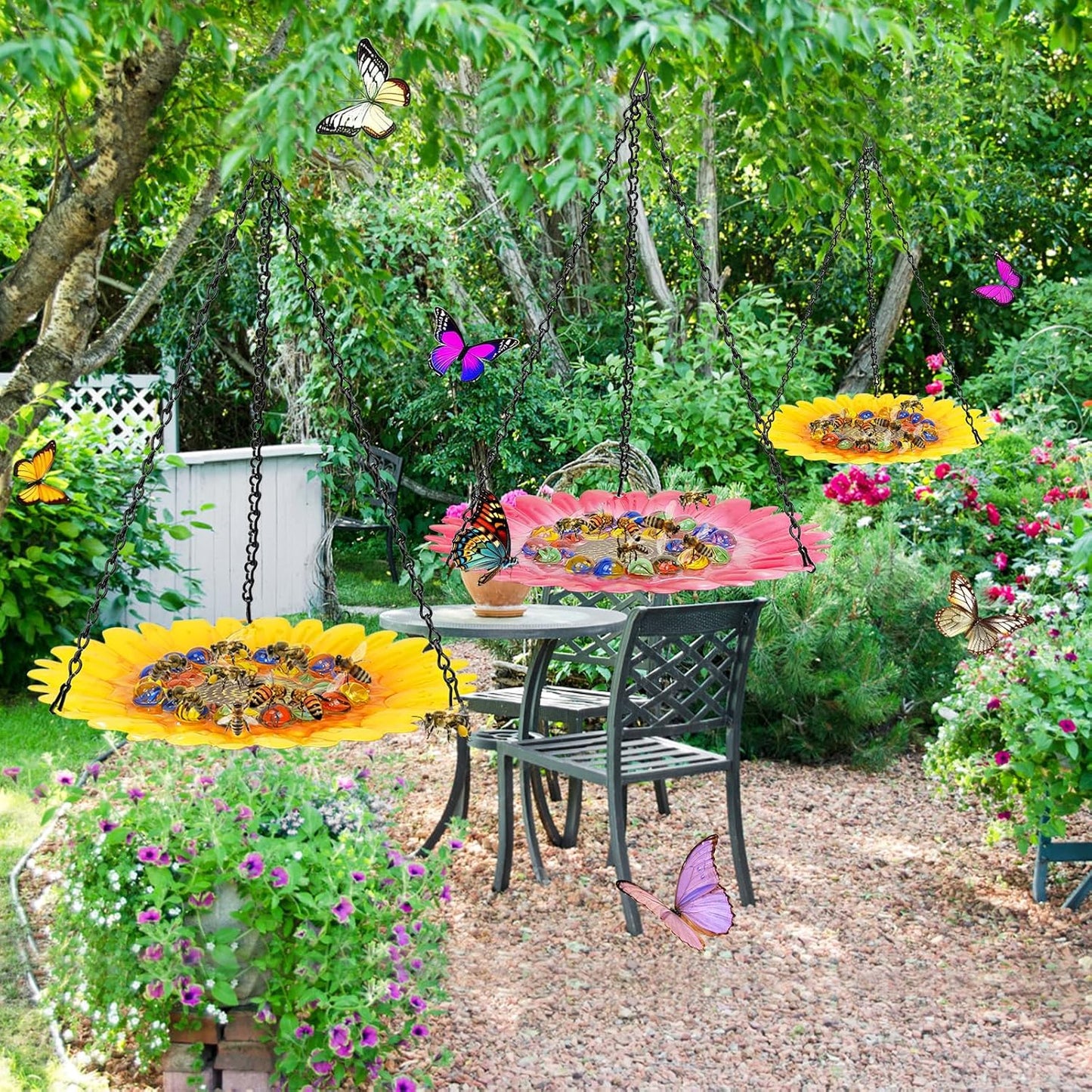 Bee Watering Station for Garden, Bee Bath Feeders for Outside with Vivid Flower Design, Hanging Butterfly Bowl with Glass Balls for Outdoor Courtyard Decoration (2Pcs-Pink)