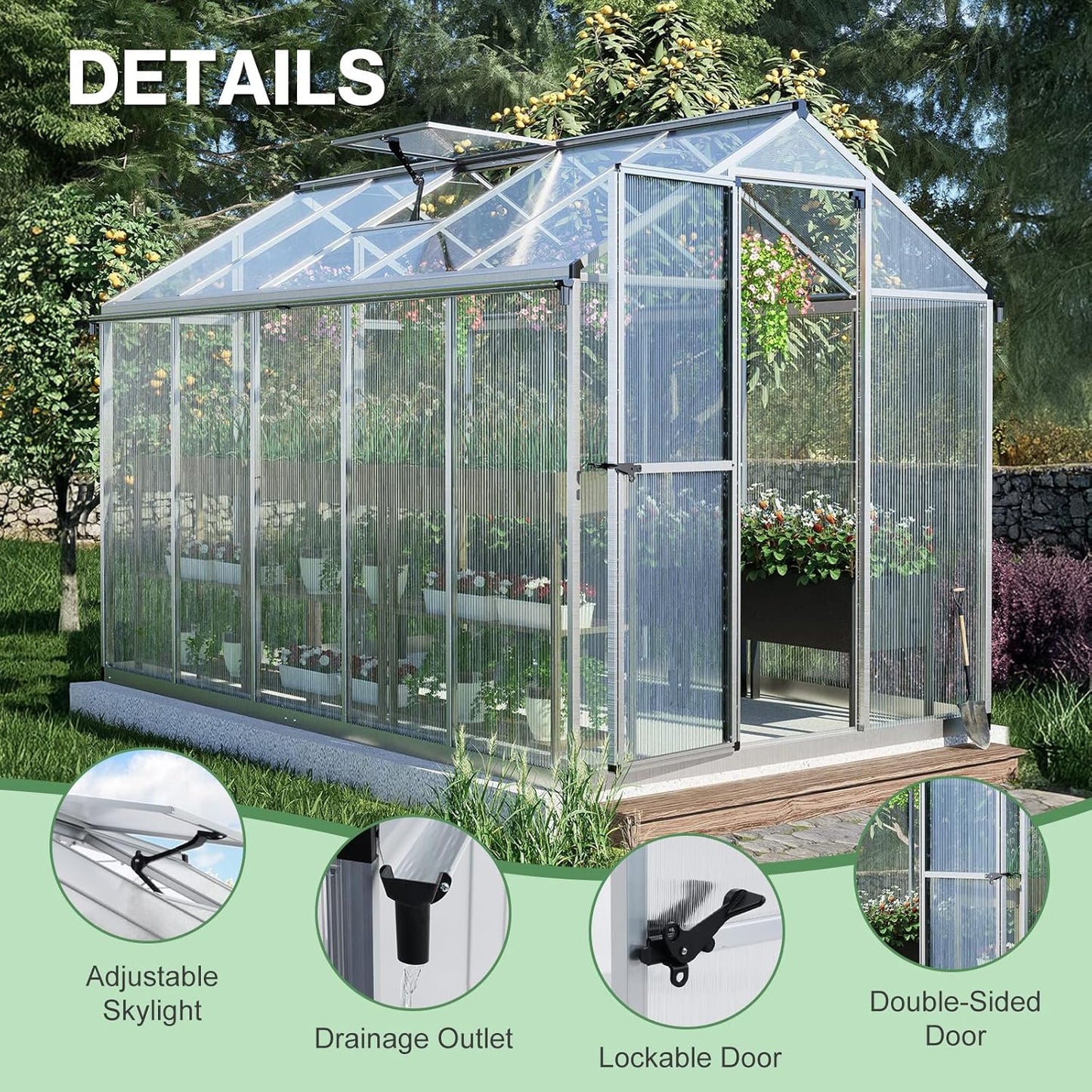 Aoodor 6 x 10 Ft Walk-in Greenhouse with Gutter, Polycarbonate and Heavy-Duty Aluminum Frame, Adjustment Skylight and Lockable 2-Sided Door for Patio, Outdoor, Yard, Lawn Use, Silver