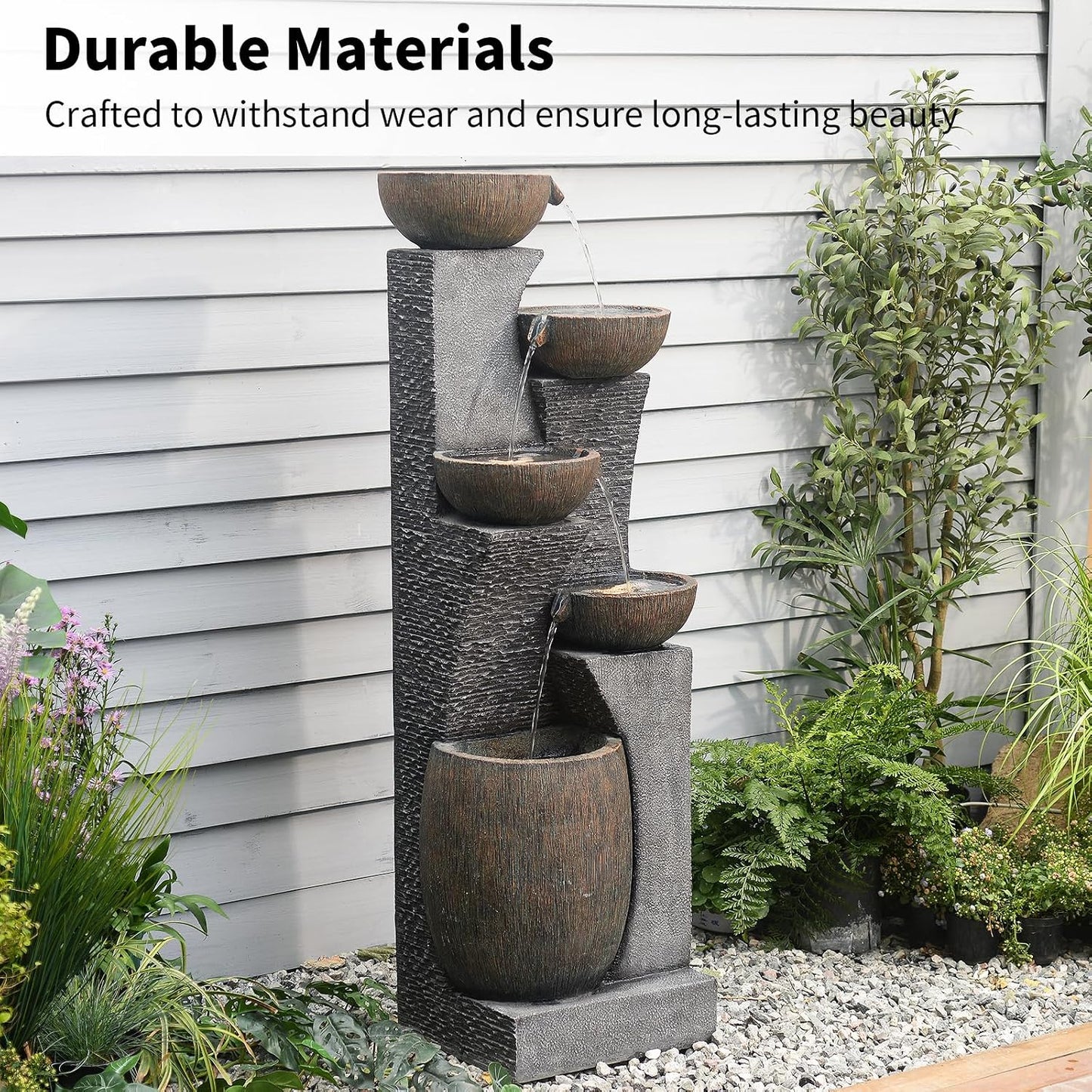 Bumilgar51.4 H Water Fountain Outdoor&Indoor, 5-Tiers Cascading Modern Feature Crocks Garden Fountains and Waterfalls with Warm Lights for Porch, Deck, Patio, Home Décor (Gray)