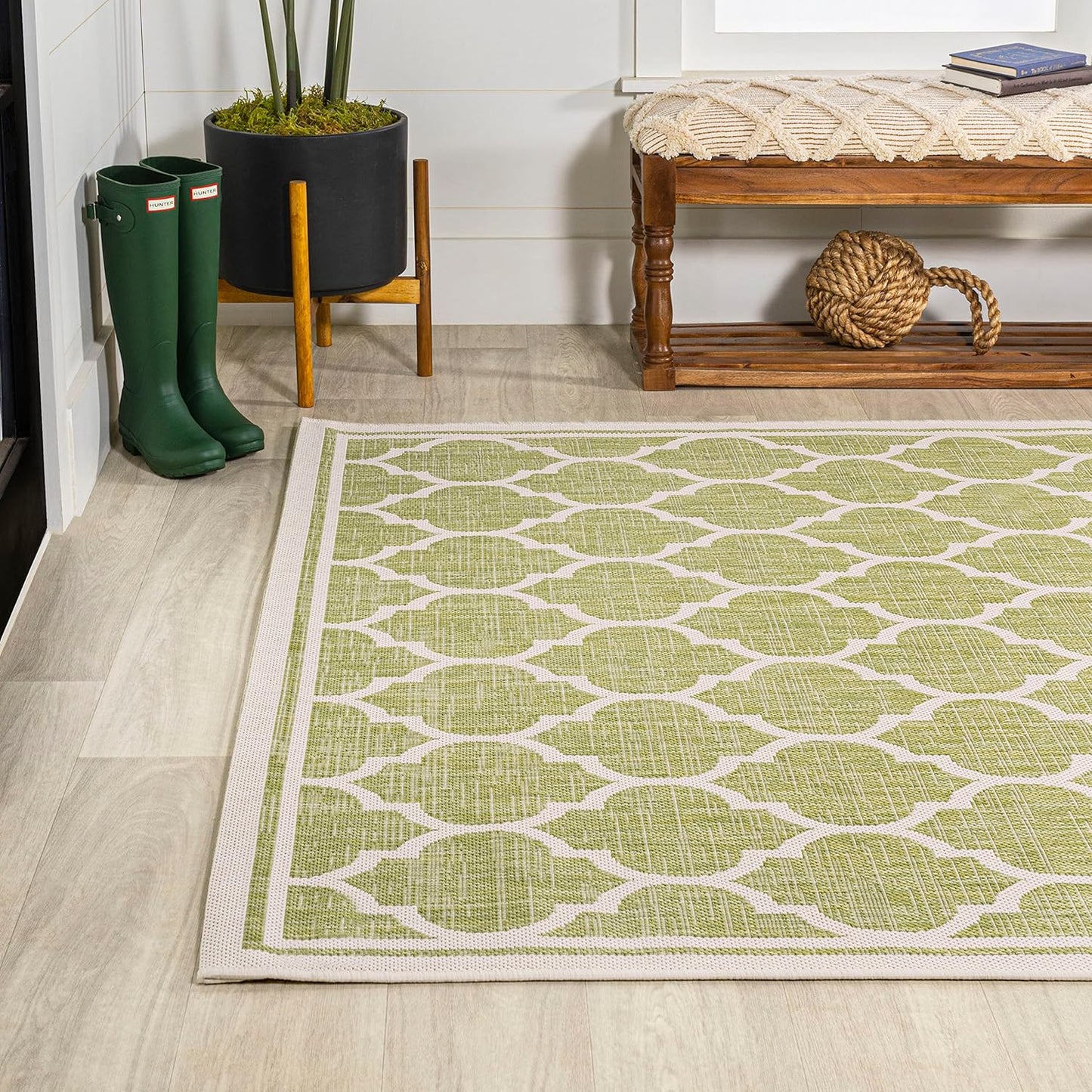 Eyely BMS109G-4 Santa Monica Trebol Moroccan Trellis Textured Weave Indoor/Outdoor Area Rug Coastal;Bohemian, Bedroom, Backyard, Patio, Easy-Cleaning, Non-Shedding, 4 X 6, Green/Cream