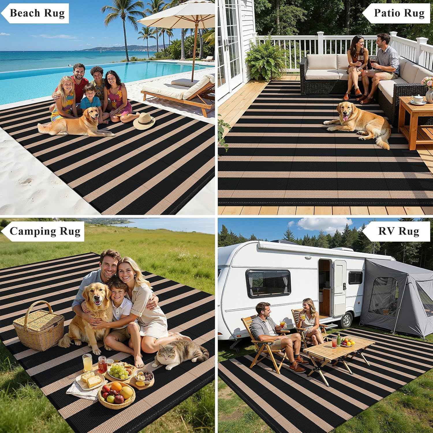 Vaukki Waterproof Outdoor Rug 8x10, Reversible Striped Patio Rug, Lightweight Plastic Straw Camping Mat, Indoor Outdoor RV Carpet for Outsides, Patio, Camping, Balcony, RV and Deck, Black and Beige
