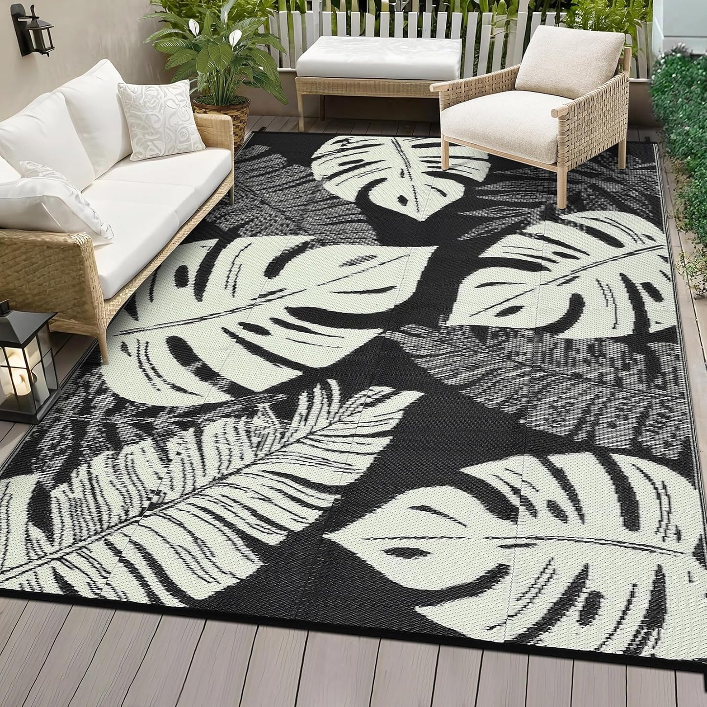 Washable Outdoor Rug Geometric Patio Carpet Waterproof Non-Slip Non-Shedding Ideal for Backyard Deck Porch Camping Beach Farmhouse Black&Beige8x10