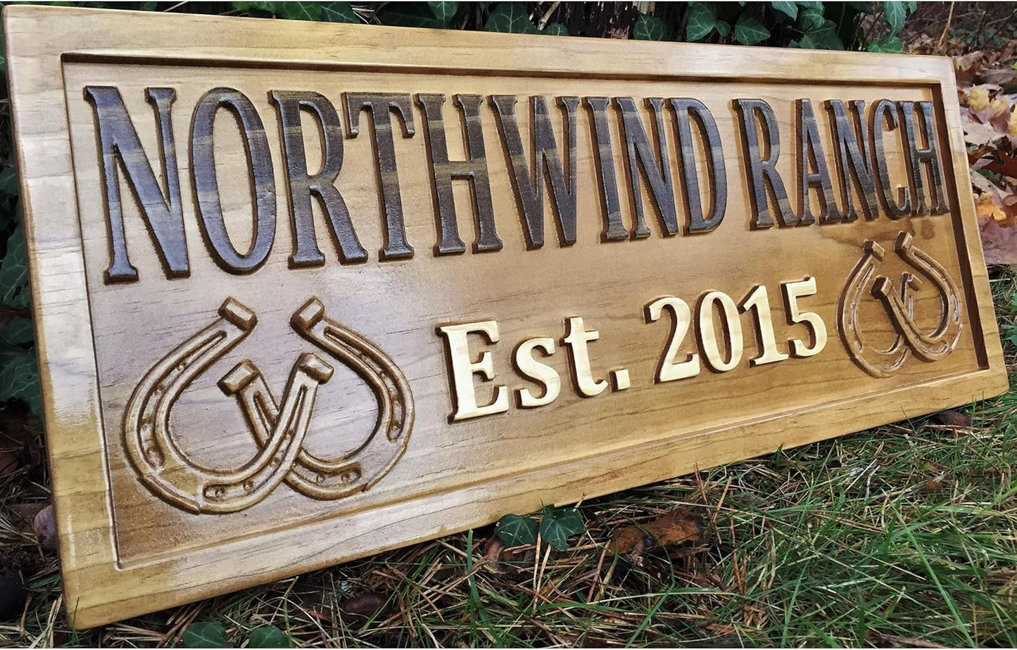 Personalized Ranch Sign Rustic Wood Sign Personalized Couples Gift Custom Wooden Sign Family Last Name Established Gift Stall Sign Horse Barn Horseshoe Decor Western 5 Year Anniversary