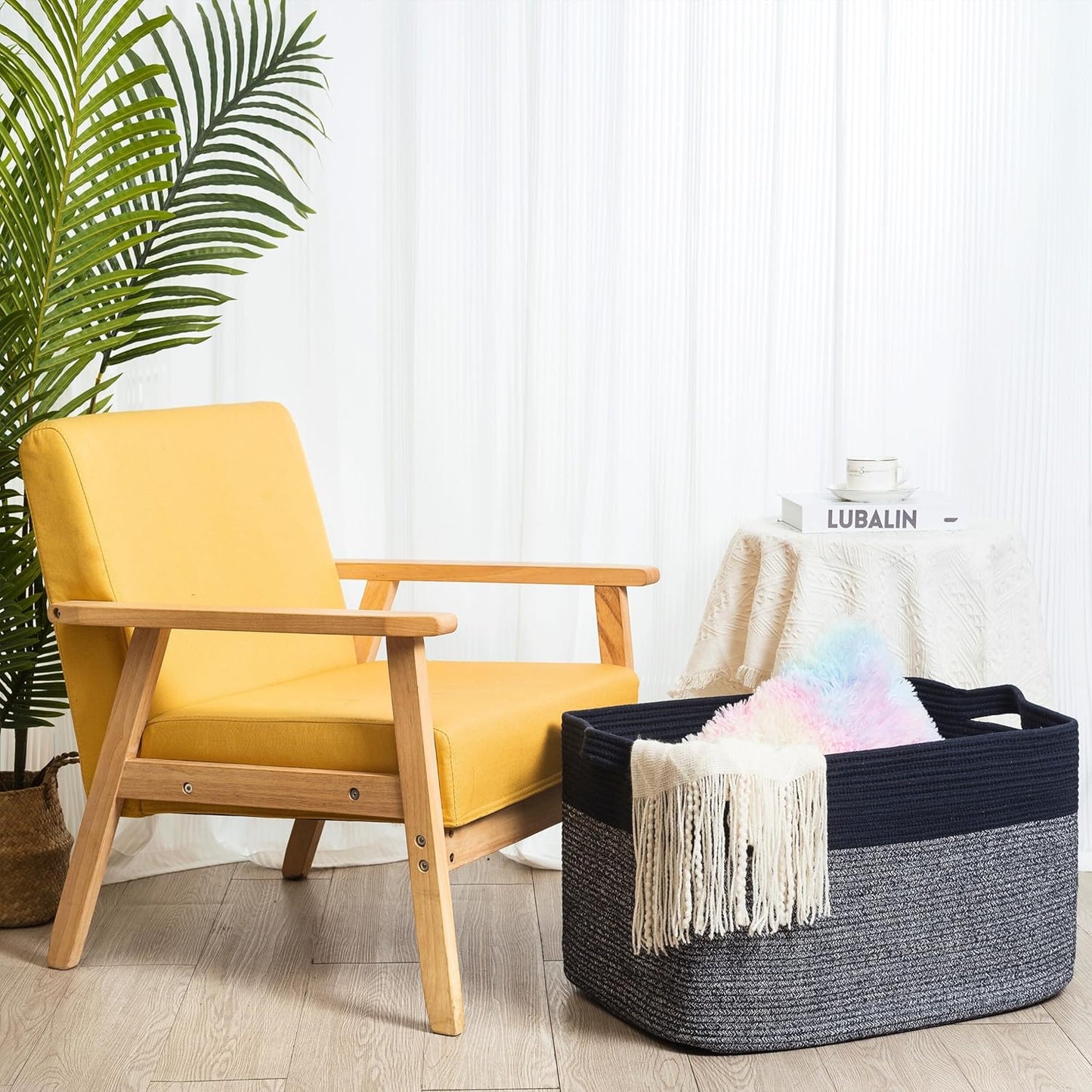 MINTWOOD Design 22in Extra Large Blanket Basket Holder for Living Room, Rectangle Rope Woven Storage Bin with Handles for Laundry, Pool Towels, and Shoes, Dog Toy Box Organizer, Navy Blue