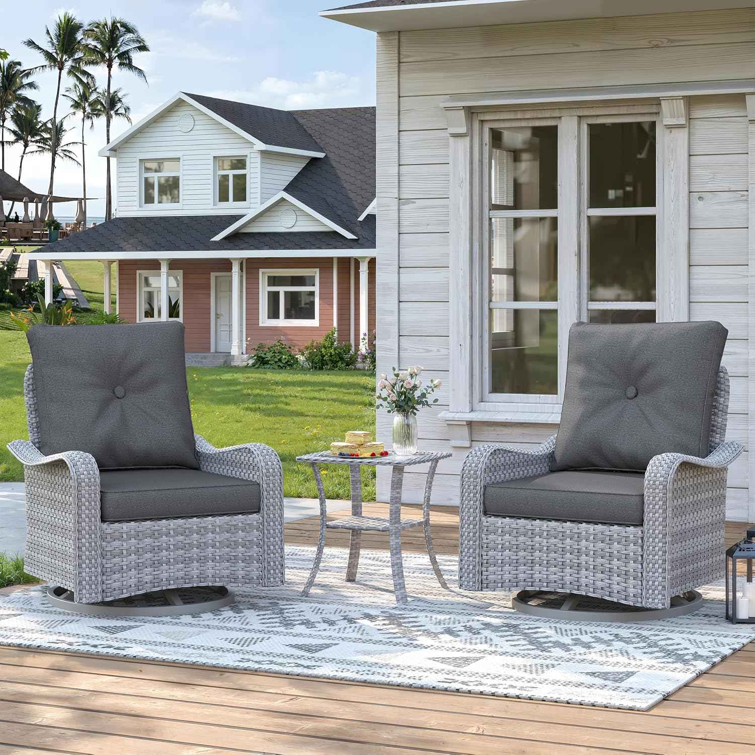 3 Piece Wicker Patio Furniture Set, Swivel Rocking Chairs with 4''Cushions, PE Rattan, Rust Resistant Frame, Double Layer Glass Side Table, for Backyard, Deck or Balcony, Black