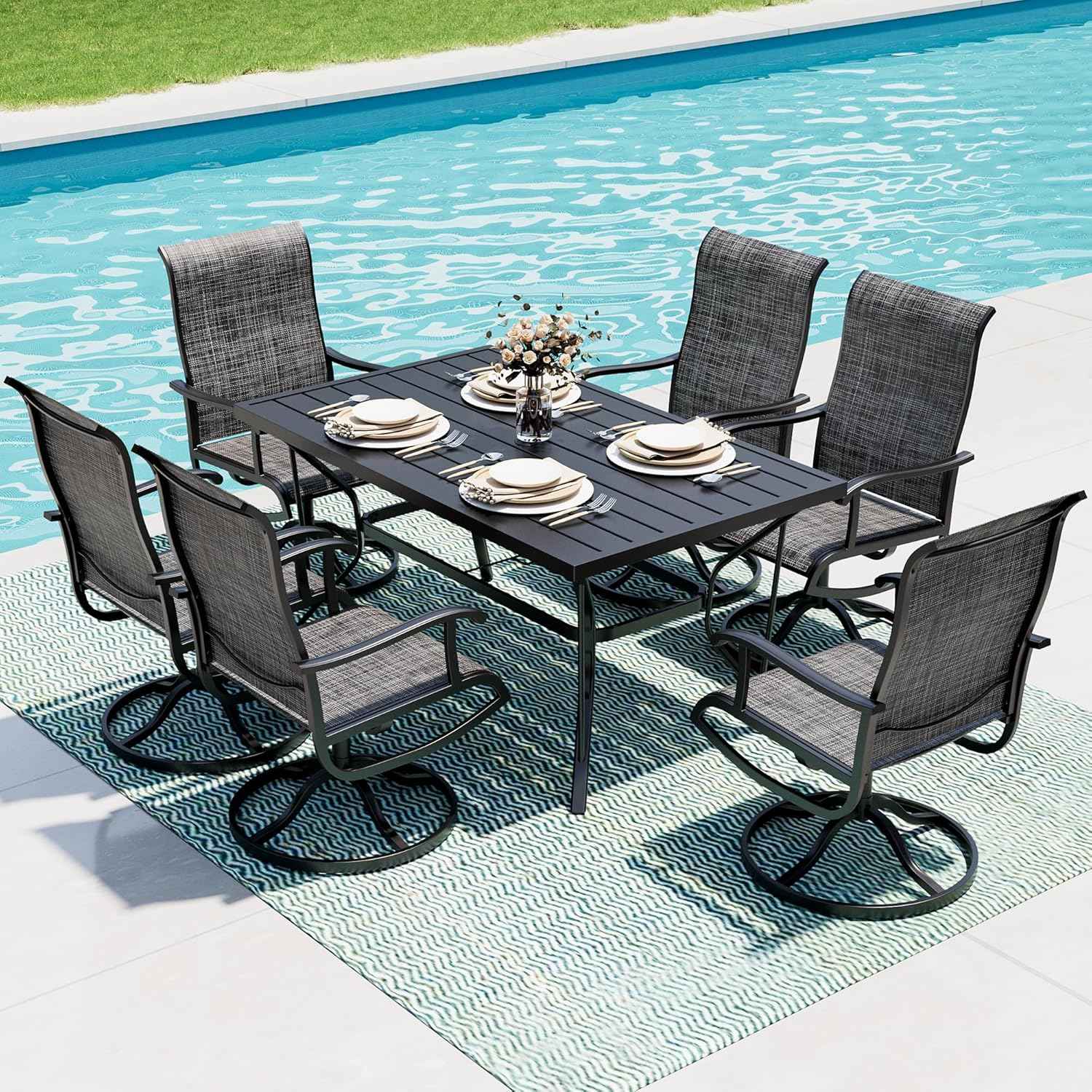 7-Piece Outdoor Dining Set, Patio Furniture Set with Textilene Swivel Chairs, Outdoor Table & 6 Chairs for Garden, Backyard, Poolside, Deck, Charcoal