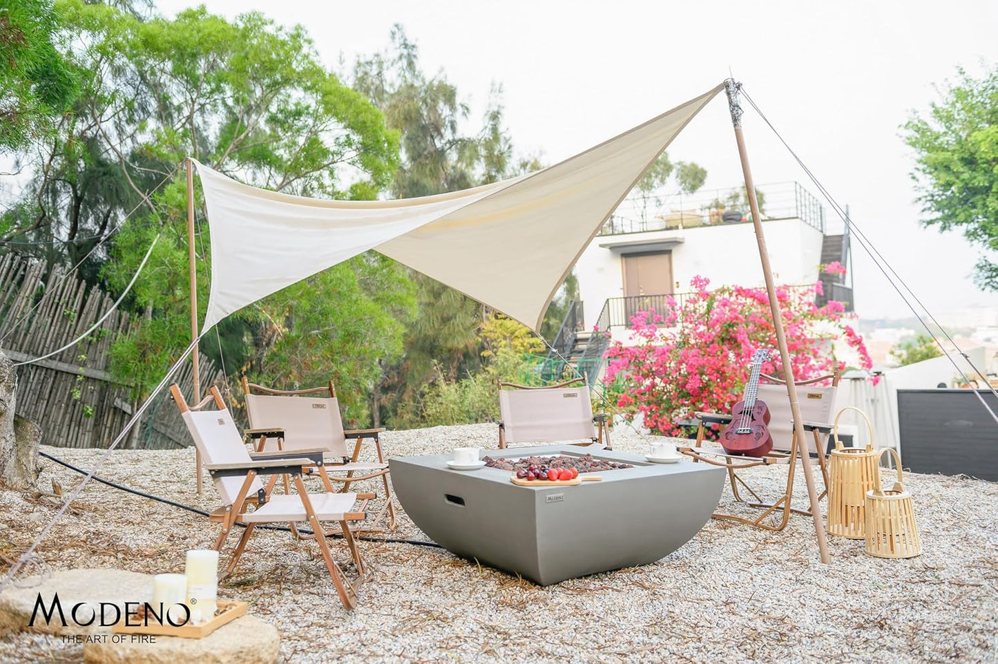 AMS Fireplace | Modeno Westport Package | Light Gray Liquid Propane Gas Fire Pit Table for Outside Patio Bundle with Tank Cover, Wind Guard, & SS Burner Lid | Free Ice Bucket & Rubber Mat