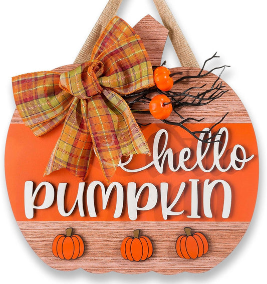 3D Hello Pumpkin Wooden Fall Wreath for Front Door | Fall Autumn Hanging Decor with Bow & Wreath | Farmhouse Harvest Thanksgiving Decor for Porch, Wall | Indoor Outdoor Home (Color-Pumpkin-D)