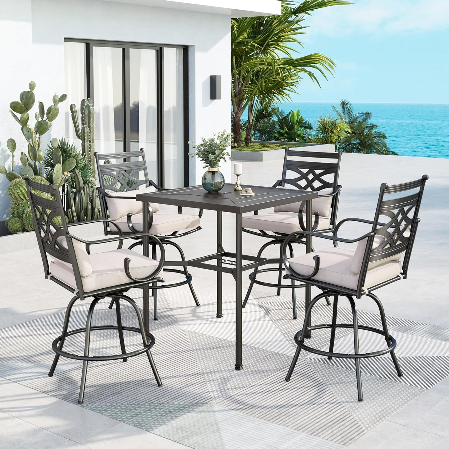 MFSTUDIO 5 PCS Outdoor Patio Bar Sets, Heavy Duty Metal 4 Swivel Counter Height Chairs with Seat & Back Support Cushion, 1 Square Metal High Table, Black