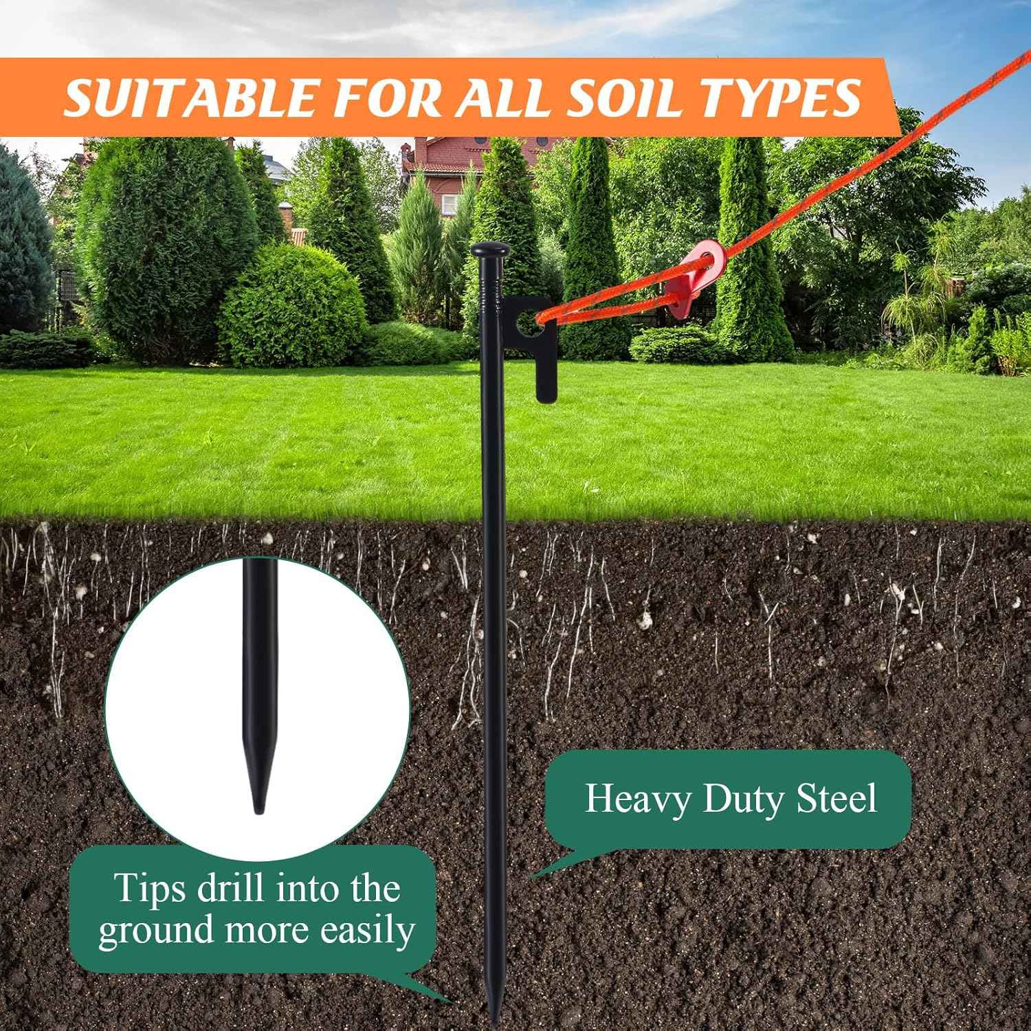 Suzile 48 Pcs Tree Stake Kit, Heavy Duty Tree Staking and Supports for Leaning Trees Include 11. 8'' Steel Stakes 15. 8'' Support Straps 13. 12 ft Rope for Anchoring Hurricane Protection (Orange)