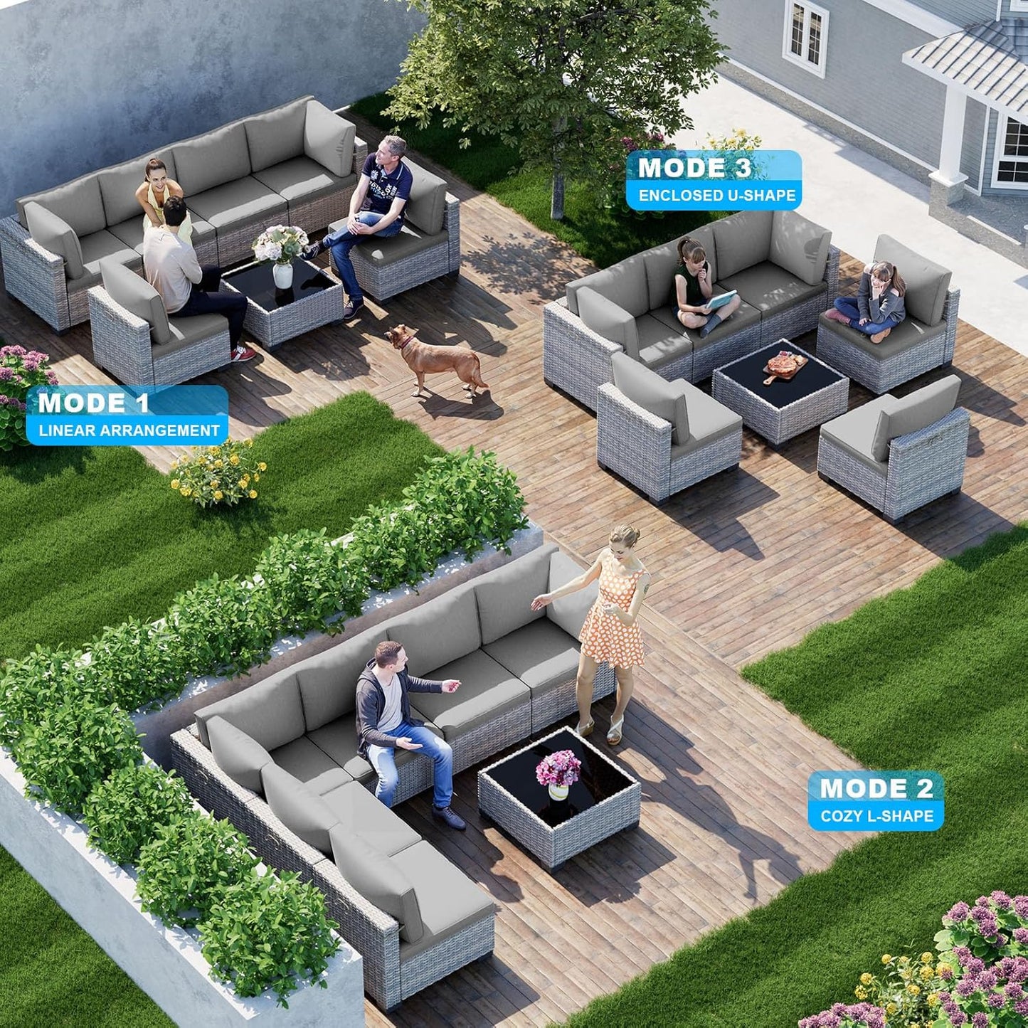 7-Piece Patio Furniture Set, Outdoor Sectional with Thick Cushions, Modular Patio Sofa, Dual-Strand Wicker Rattan, Rust-Resistant Frame, Backyard Furniture for Garden, Deck, Grey