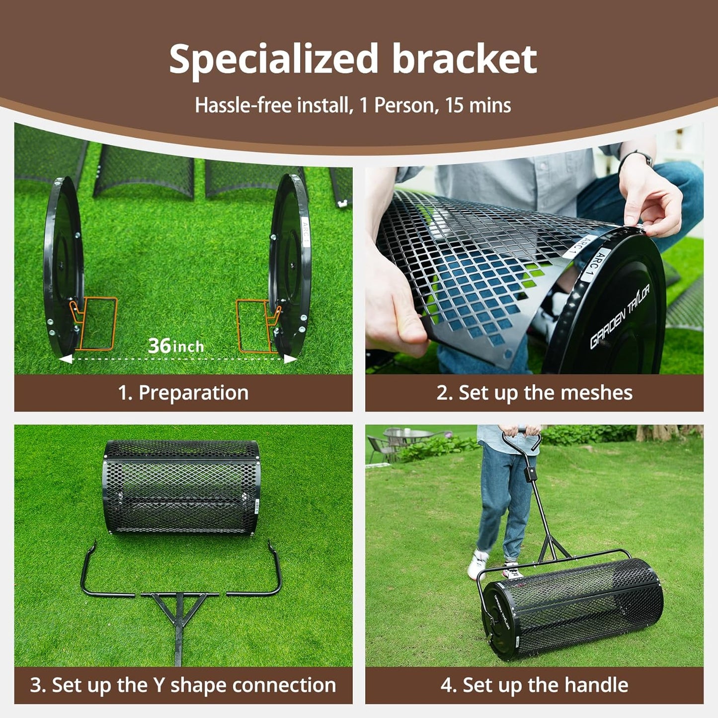 Compost Spreader 36 Inch Towable Peat Moss Spreader with Installation Support Accessories, Black Metal Mesh Roller Lawn Spreader for Top Soil, Manure, Mulch, Top Dressing - Garden spreaders for lawns