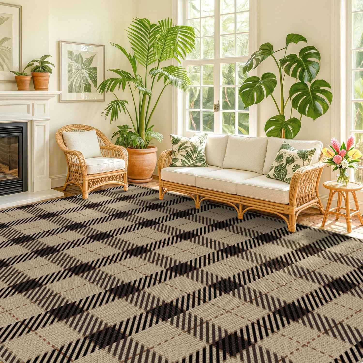 Neutral Easy Jute Rug 9x12 for Living Room, Large Indoor Outdoor Natural Color Farmhouse Area Rugs for Patio, Backyard and Dining Room, Plaid Woven Design, Non Shed, Washable Outside Carpet
