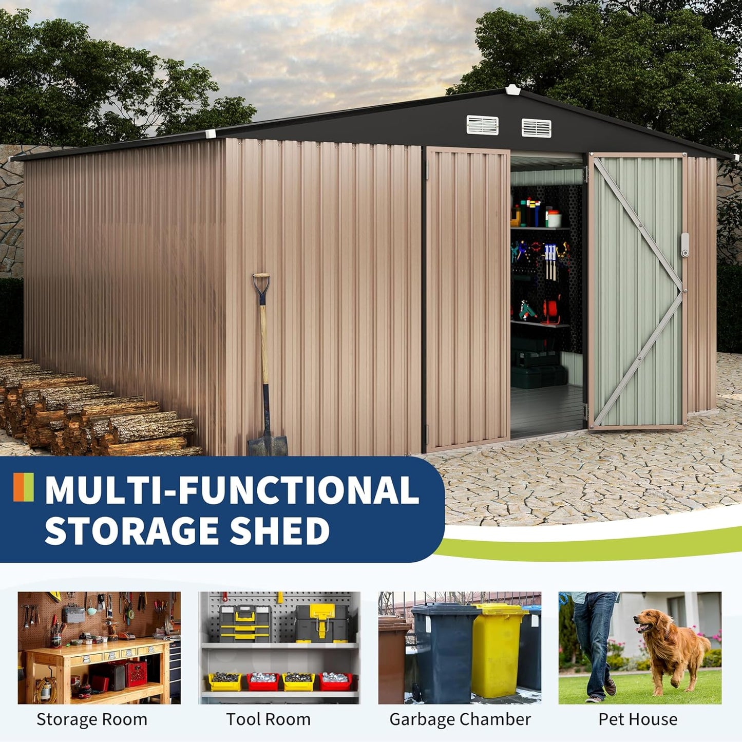 10x12 FT Metal Storage Sheds Outdoor with Floor, Metal Yard Sheds Garden Shed Kit, MetalTool Shed with Lockable Door, Metals UtilitySheds Buildings with Air Vent for Backyard Garden Patio Lawn