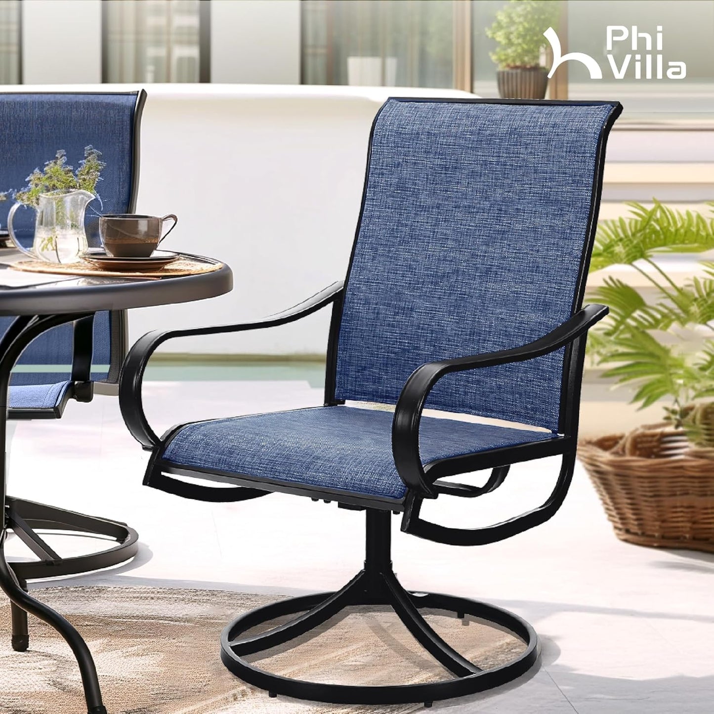 PHI VILLA Patio Swivel Dining Chairs Set of 6, All Weather Outdoor Chair with Textilene Mesh Fabric & Black Metal Frame for Outdoor Lawn Garden Poolside (Blue)