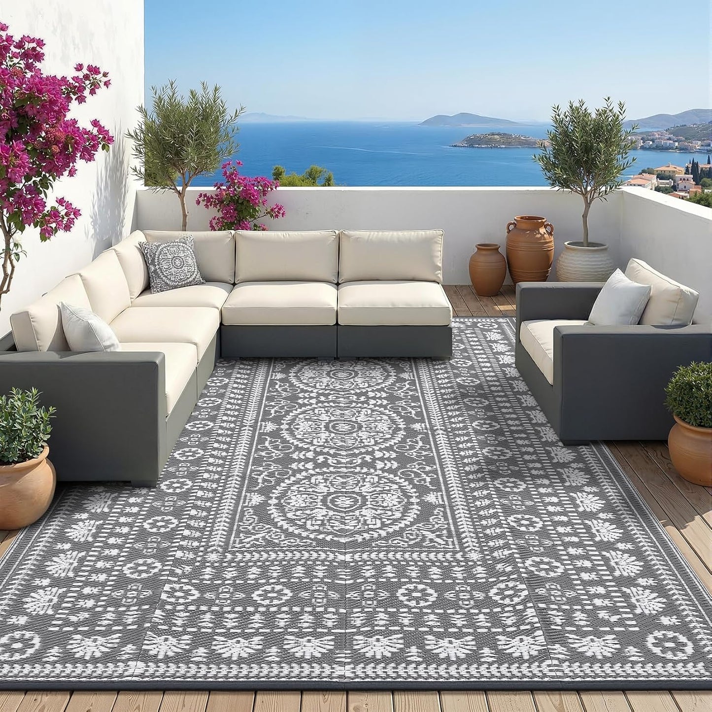 Garvee Reversible Outdoor Rug 5x8 for Patio, Waterproof Outdoor Area Rug, Boho Medallion Indoor Outdoor Carpet for Porch, Plastic Straw Rug for RV, Camping, Deck, Vintage Grey