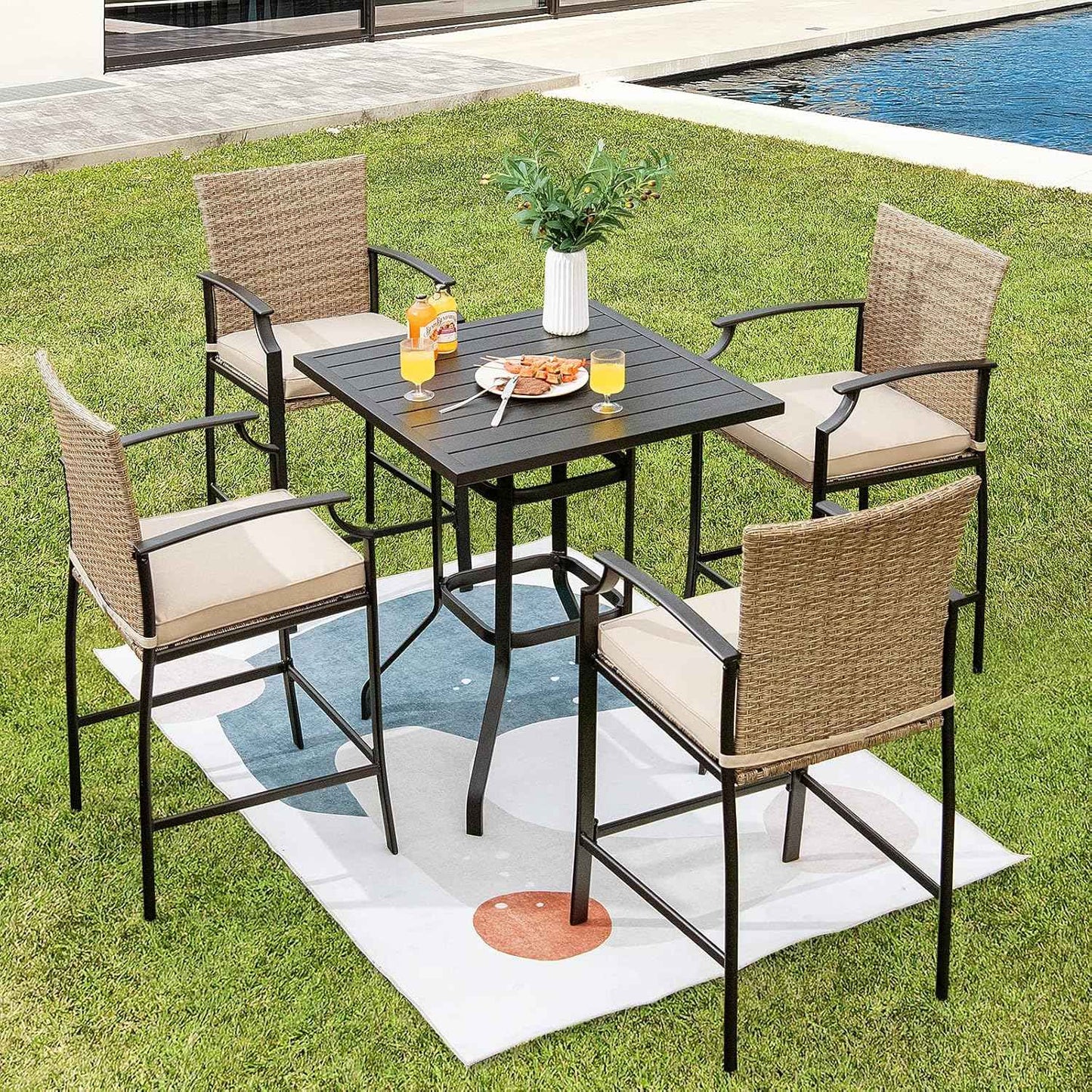 Tangkula Patio Bar Height Table, 32 Inch Outdoor Steel Square Bar Table, Bistro High Top Table W/Powder-Coated Tabletop, Solid Metal Frame, Ideal for Backyard, Poolside, Garden (Black)