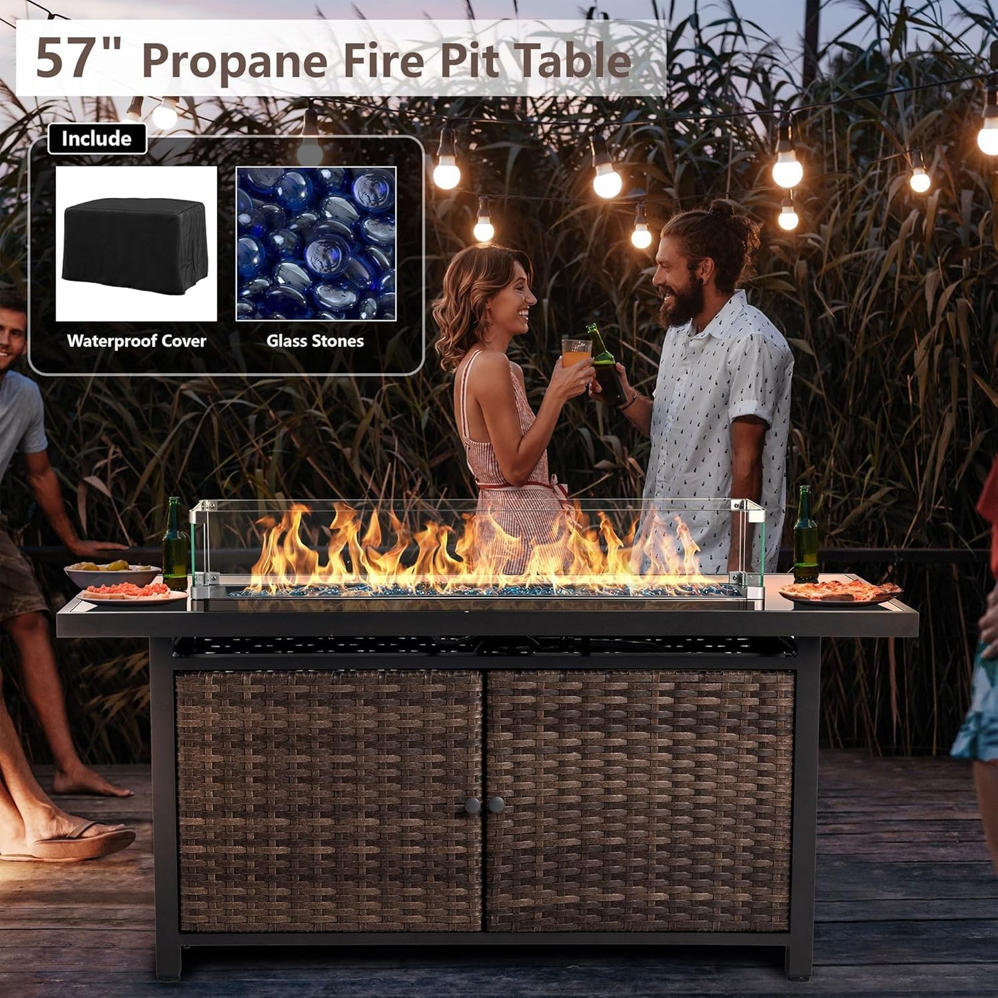 25-Pc Patio Furniture Set - 7 Piece Outdoor Rattan Sofa Set with 57" Fire Table and 17 Accessories, Modular Sofa Set for Garden/Poolside, Navy Blue/Grey