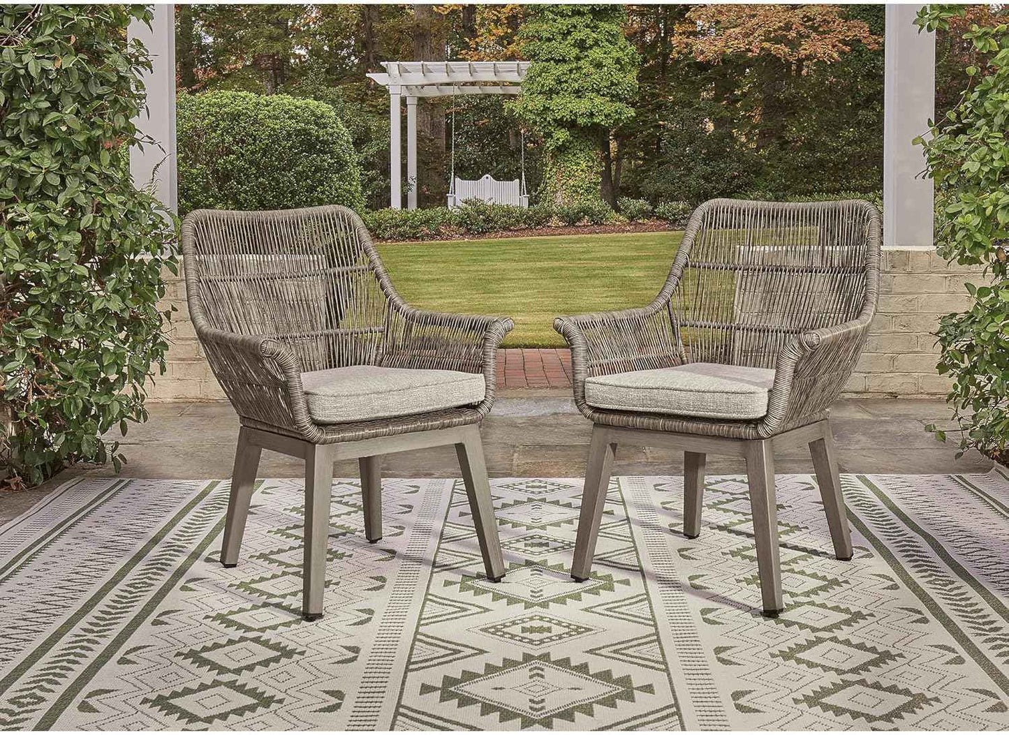 Signature Design by Ashley Beach Front Casual Outdoor Arm Chair with All-Weather Cushion, Set of 2, Resin Wicker with Aluminum Frame, 18.5" Seat Height, Beige