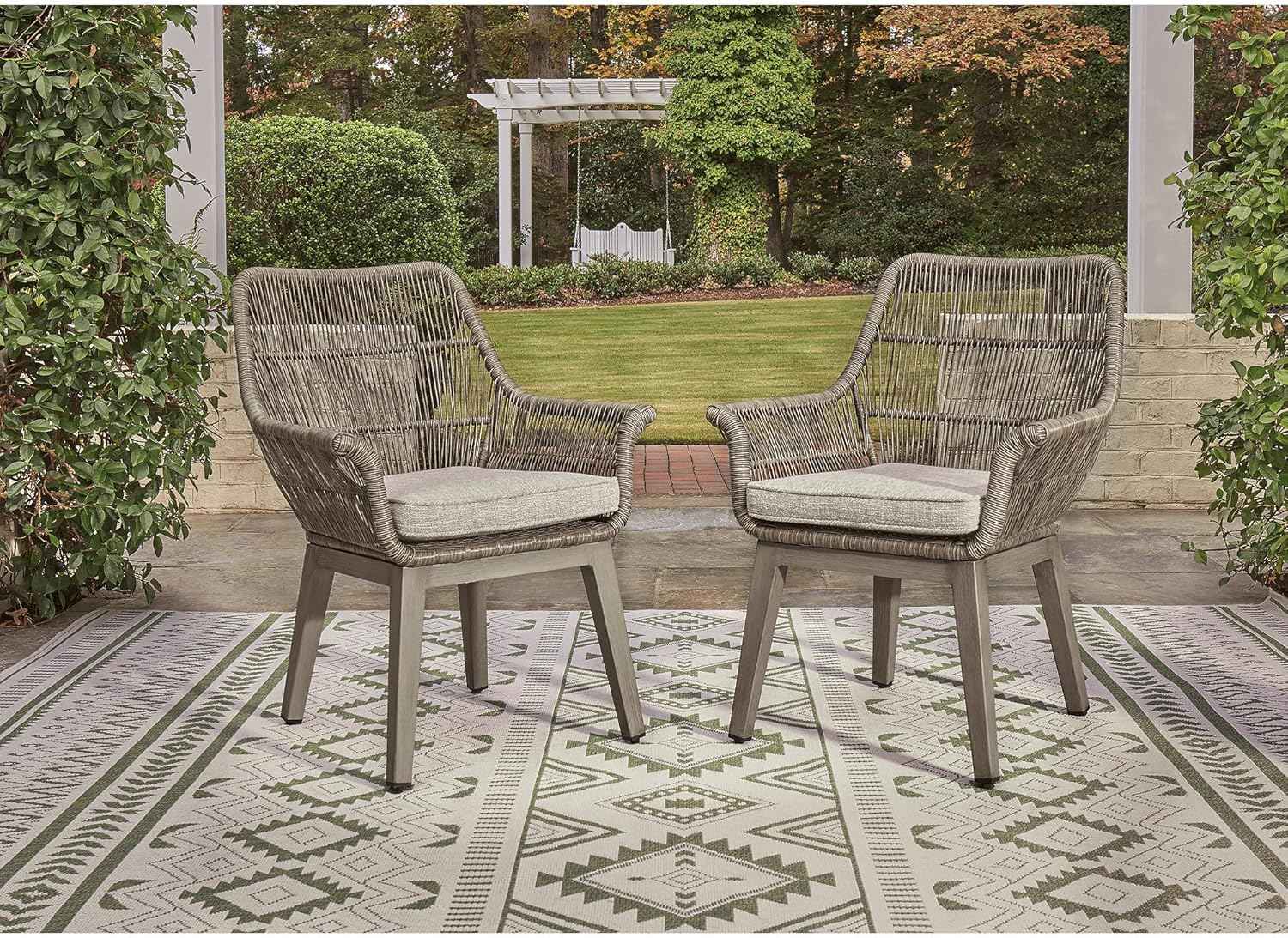 Signature Design by Ashley Beach Front Casual Outdoor Arm Chair with All-Weather Cushion, Set of 2, Resin Wicker with Aluminum Frame, 18.5" Seat Height, Beige