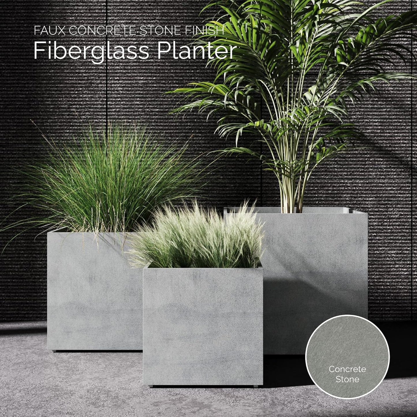 Reglito Cube Planter – Fiberglass Indoor/Outdoor and Weather-Resistant Large Planter (Concrete Stone, 31.5" L x 31.5" W x 32.1" H)