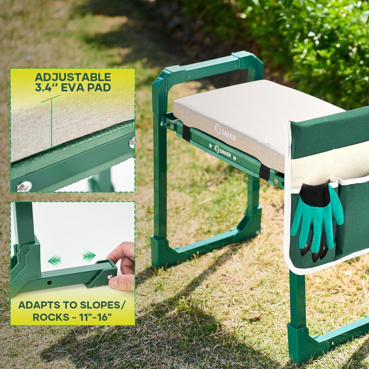 Saker Garden Kneeler and Seat Foldable Gardening Stool with Extendable Legs & Thickened Pad, Tool, Heavy Duty Support for Elderly, Gardening, Outdoor Use