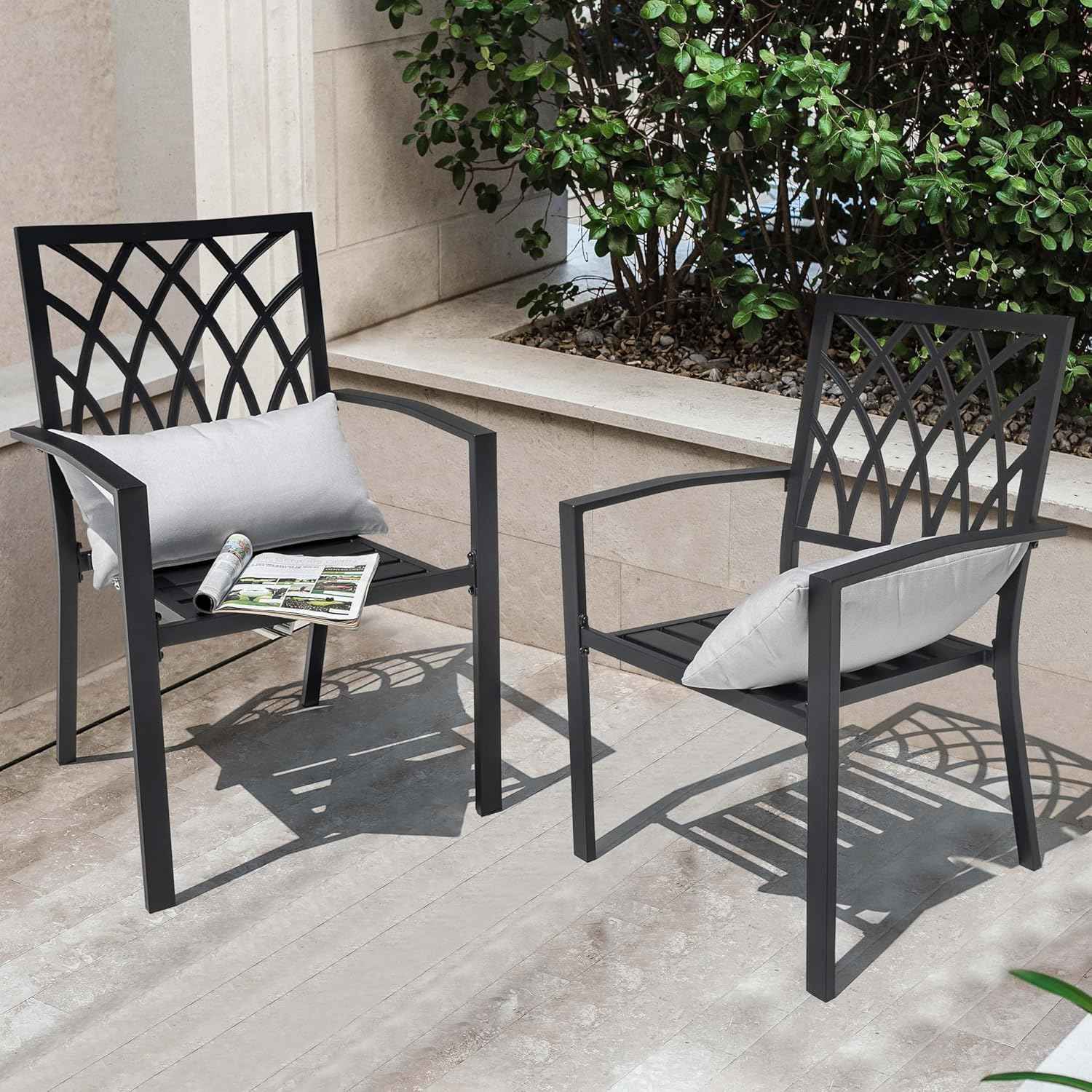 NUU GARDEN Patio Outdoor Dining Chairs Set of 2, Portable Patio Dining Chairs, Stackable Patio Chairs Metal Chairs for Backyard Lawn Deck Poolside Porch Bistro, Black