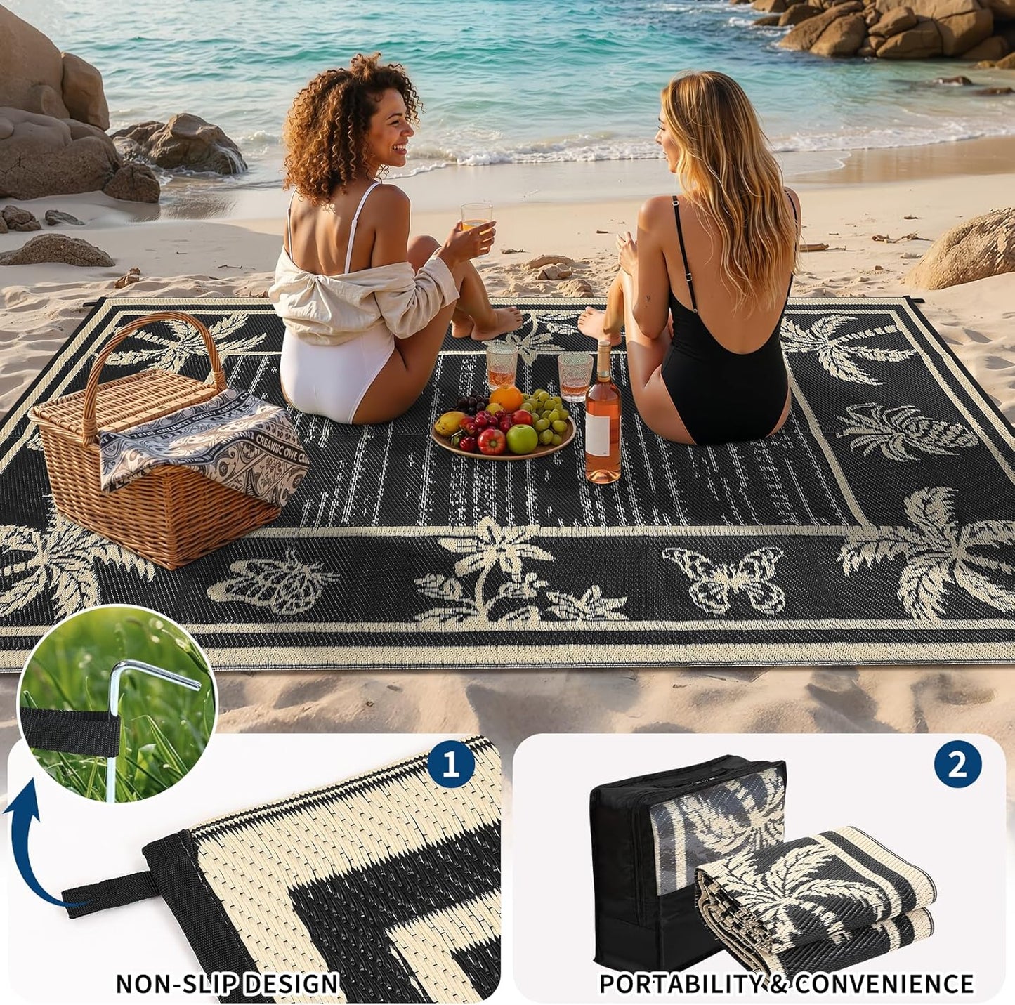 Garvee Outdoor Rug 9x12 Waterproof for Patios, Reversible Plastic Straw Rug, Tropical Leaf Indoor Outdoor Rugs, Large Area Rug for RV, Camping, Deck, Picnic Mat, Outside Carpet