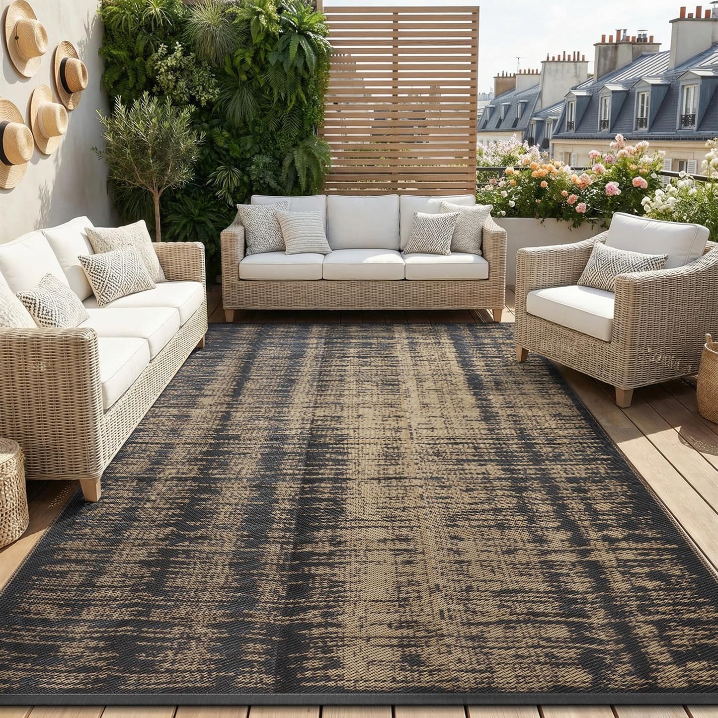 MontVoo Outdoor Rug Waterproof 5x8 ft Outdoor Carpet Patio Rug Mat Reversible RV Camping Rug Plastic Straw Outside Rug for Balcony Porch Deck Picnic Beach Modern Black Brown