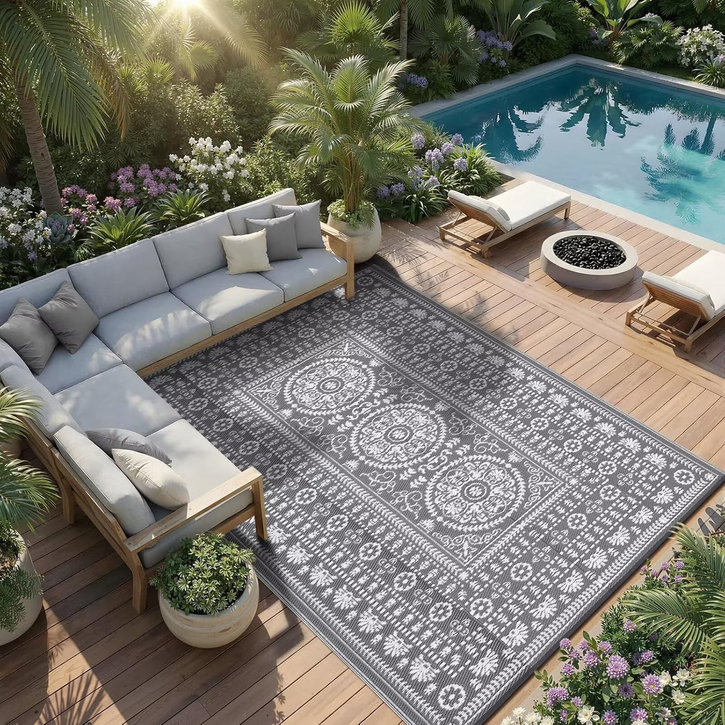 Garvee Reversible Outdoor Rug 5x8 for Patio, Waterproof Outdoor Area Rug, Boho Medallion Indoor Outdoor Carpet for Porch, Plastic Straw Rug for RV, Camping, Deck, Vintage Grey