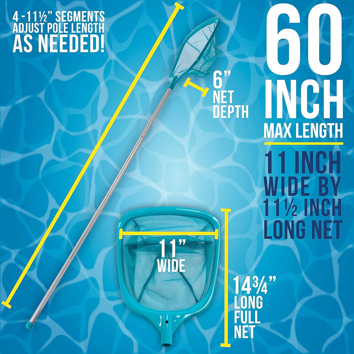 U.S. Pool Supply Swimming Pool 5 Foot Leaf Skimmer Net with 4 Aluminum Pole Sections - 6" Deep Ultra Fine Mesh Netting Bag Basket for Fast Cleaning of The Finest Debris - 60" Long, Clean Spas, Ponds