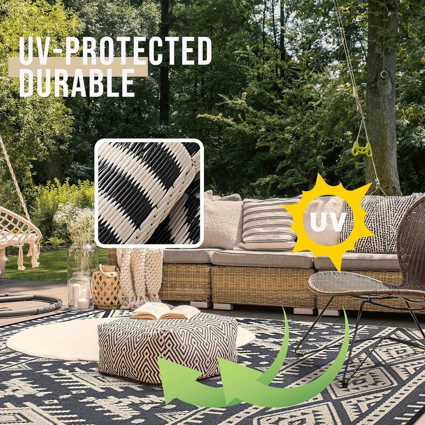 OLANLY Outdoor Rug Waterproof 9x12 ft, Reversible Outdoor Plastic Straw Rug, Boho Patio Rug, Indoor Outdoor Carpet, RV Mat Outside for Patio, Camp, Picnic, Balcony, Deck, Backyard, Black & Beige