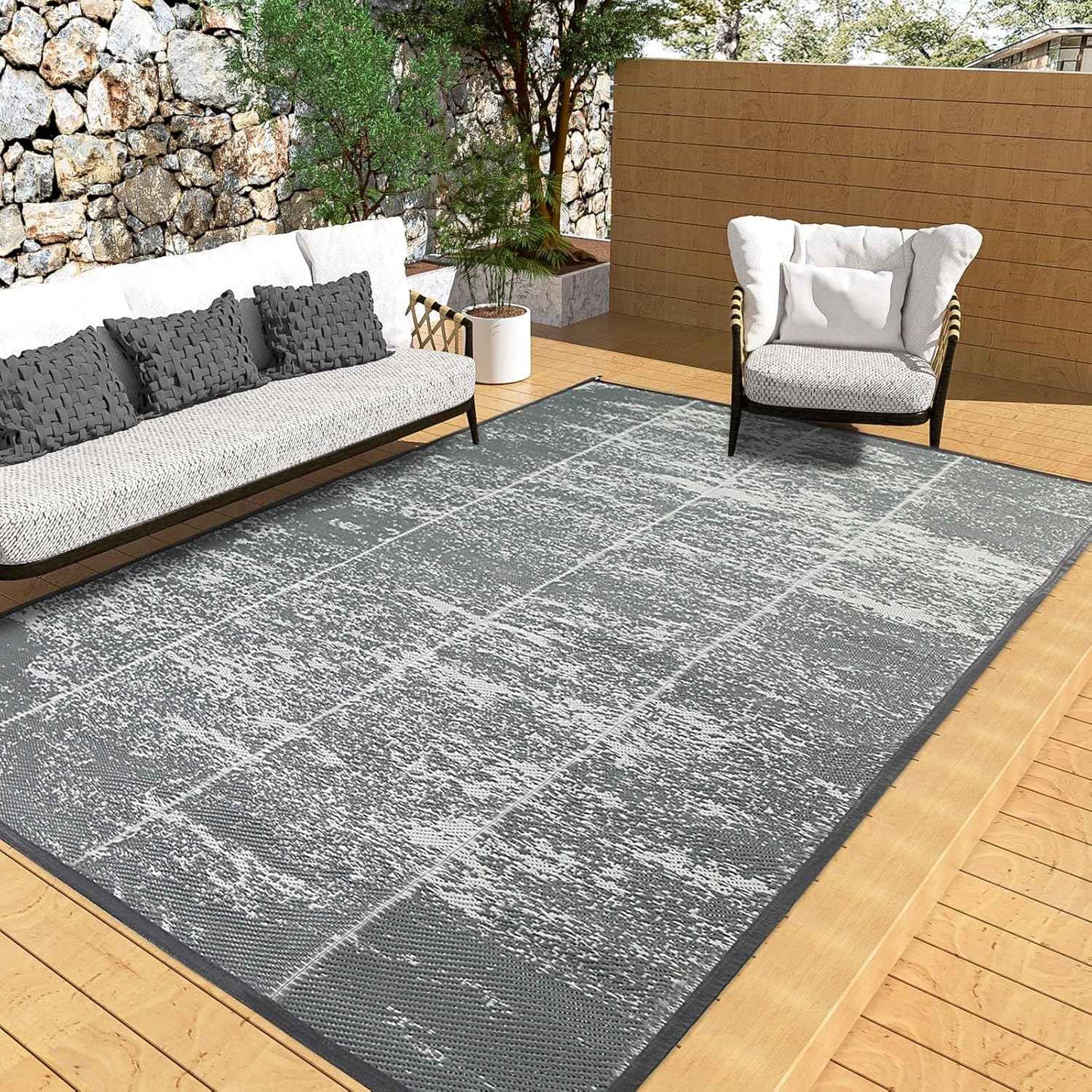 5'x 8' Outdoor Rug,Waterproof Reversible Patio Rugs,5x8 ft Plastic Straw Outdoor Carpet Foldable Plastic Camping Mat for Outside RV, Patio,Picnic,Camper,Balcony,Porch(5 x 8,Deep Gray)