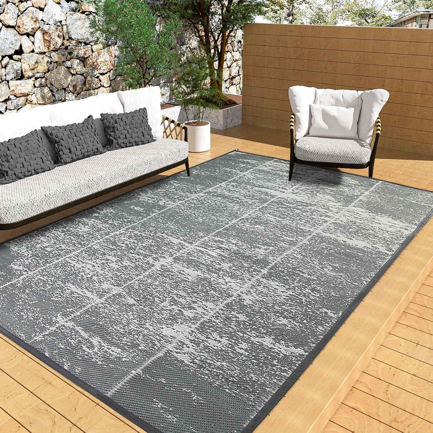 5'x 8' Outdoor Rug,Waterproof Reversible Patio Rugs,5x8 ft Plastic Straw Outdoor Carpet Foldable Plastic Camping Mat for Outside RV, Patio,Picnic,Camper,Balcony,Porch(5 x 8,Deep Gray)