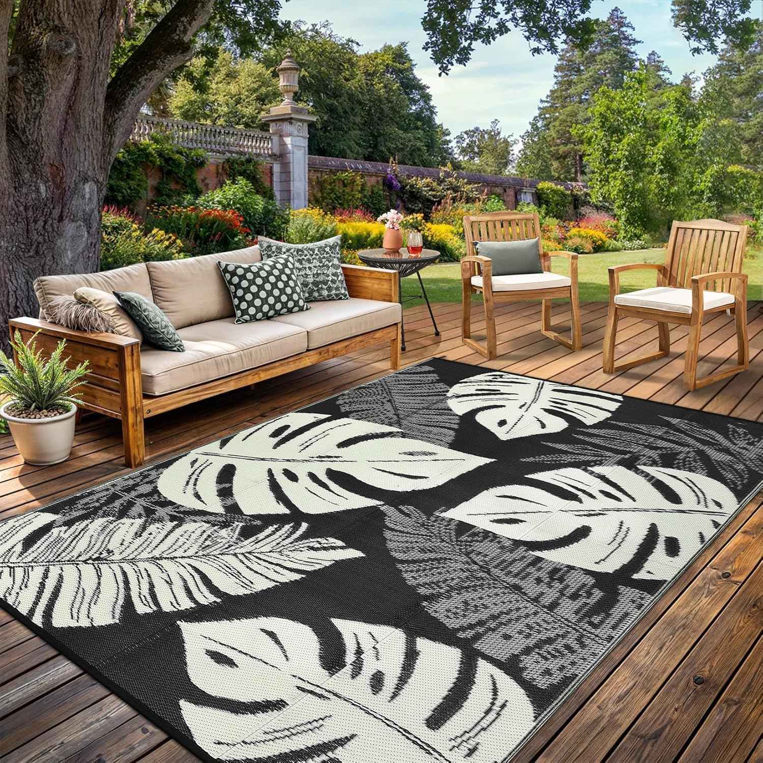 Washable Outdoor Rug Geometric Patio Carpet Waterproof Non-Slip Non-Shedding Ideal for Backyard Deck Porch Camping Beach Farmhouse Black&Beige8x10