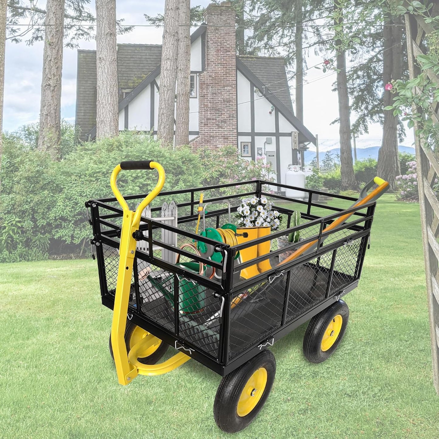 Heavy-Duty Steel Wagon Garden Cart – 1400 lbs Capacity, Removable Mesh Sides, 16" Tires, 2-in-1 Handle – Perfect for Garden, Farm, Yard, Black