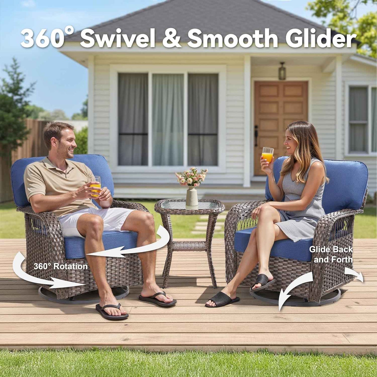 Wicker Swivel Rocker Patio Chairs, Patio Wicker Chairs Swivel Rocker Set of 2 All Weather Glider Rocking Chair Outdoor Conversation Furniture Set for Deck Porch Garden Backyard, Blue