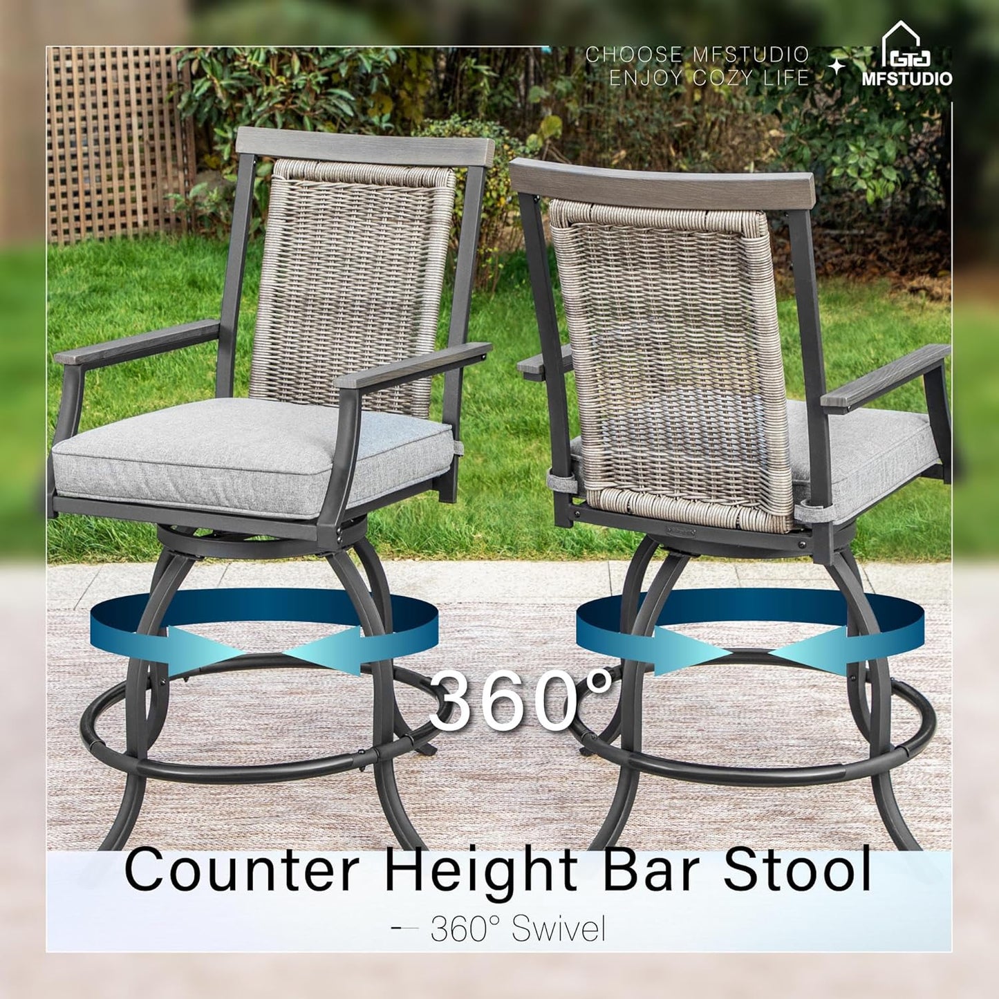 MFSTUDIO Outdoor Bar Set of 5 with 4 Swivel Rattan Backrest Metal Patio Bar Stool and 1 Square Metal Table, All Weather Resistant Patio Table and Chair Set