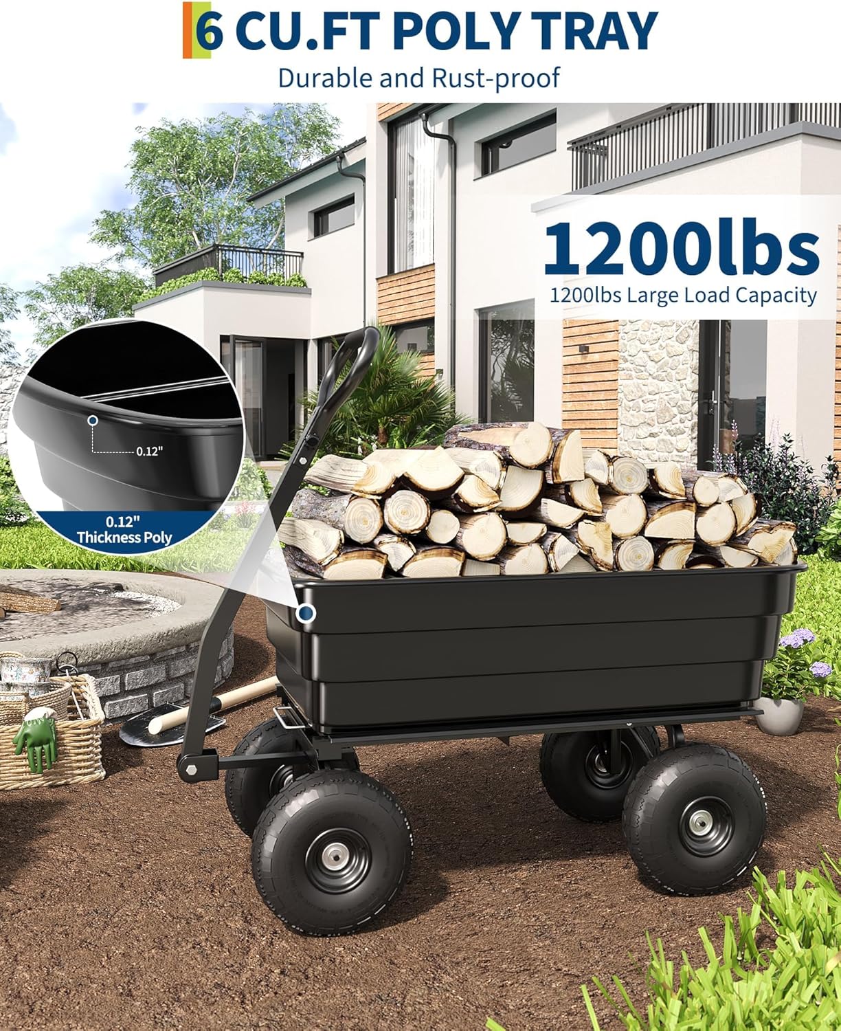 Poly Dump Cart - Heavy Duty 1200lbs Capacity Garden Utility Wagon with Quick Release Dumping & 13" No Flat Tires for Yard Work, Landscaping, Gardening