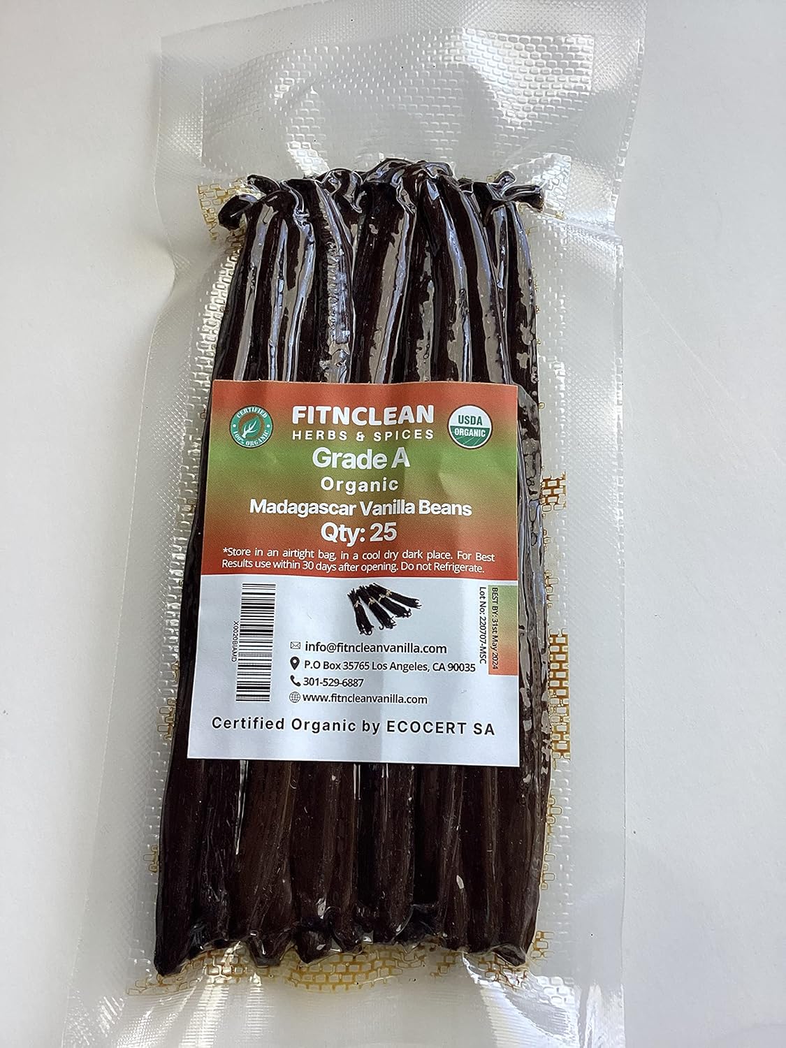 25 Organic Madagascar Vanilla Beans Grade A for Extract, Cooking and Baking by FITNCLEAN VANILLA| Certified USDA Organic. Bourbon Fresh Gourmet NON-GMO Whole Pods