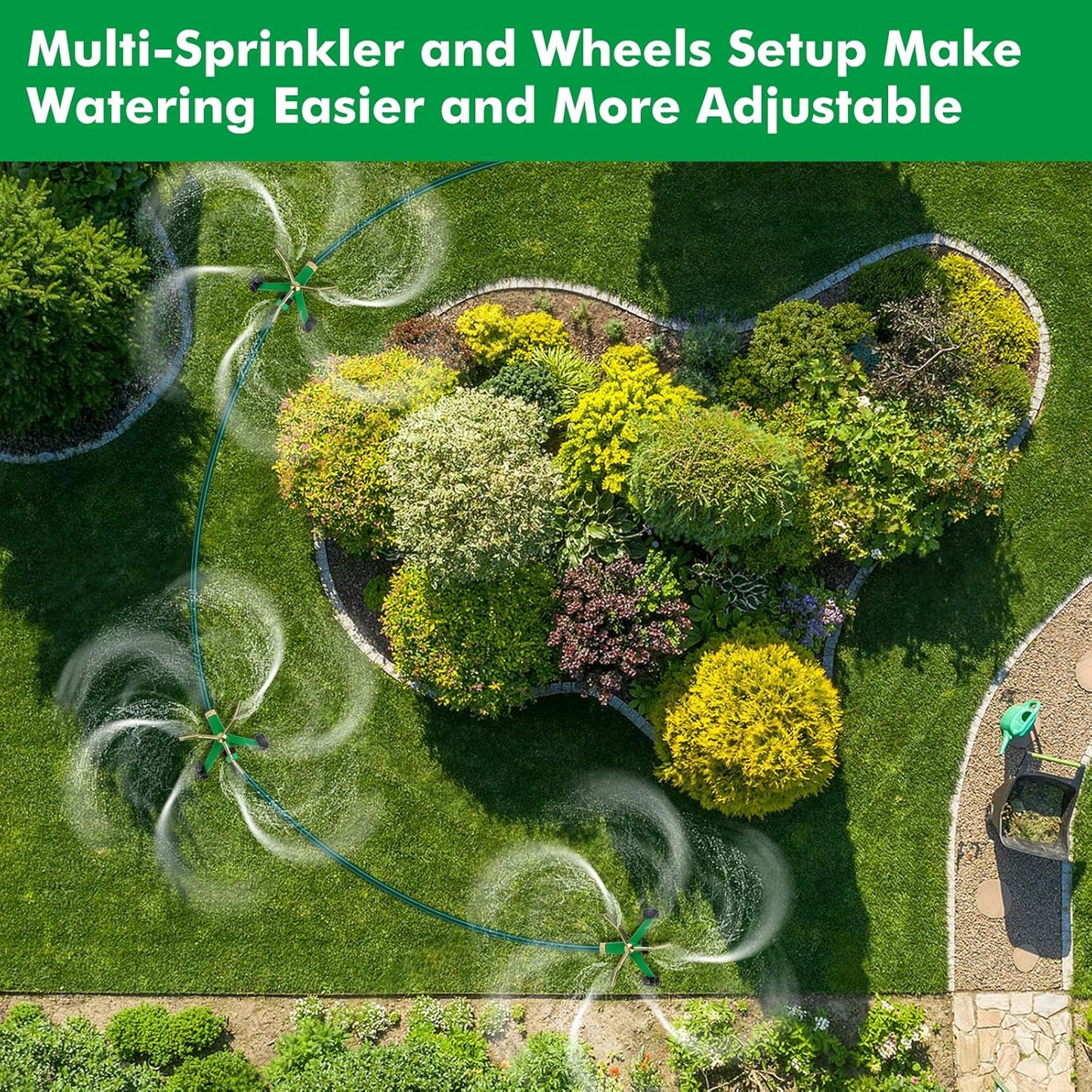 [2 Pack] RESTMO 3-Arm Metal Sprinkler with Wheel Base, 360 Degree Automatic Rotary Lawn Sprinkler System for Garden Plant, Flower Bed and Yard Watering and Large Yard Area Watering