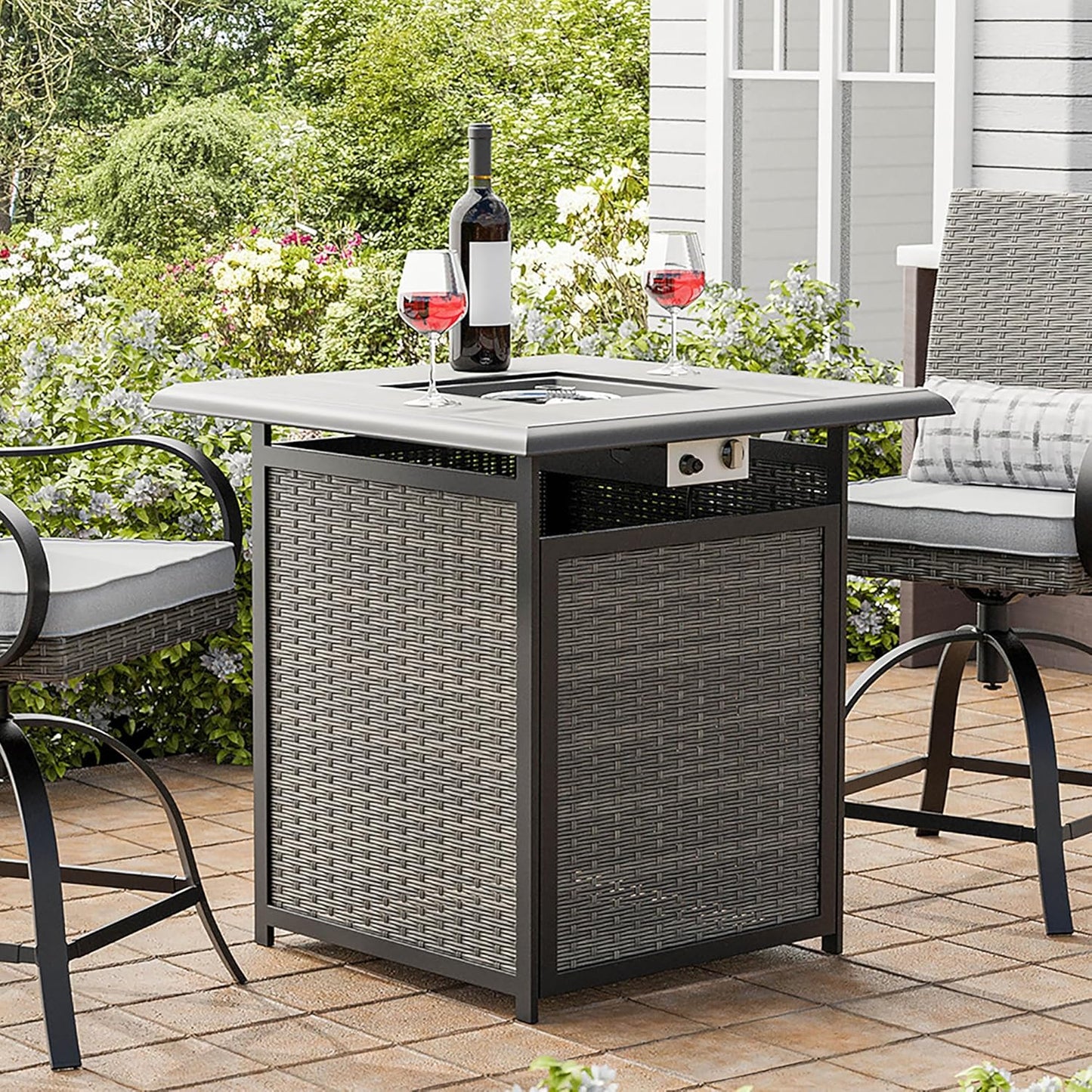 Greemotion USA Arosa Square Counter Height Fire Pit Dining Table for Outdoor Garden, Backyard, Gray, Black