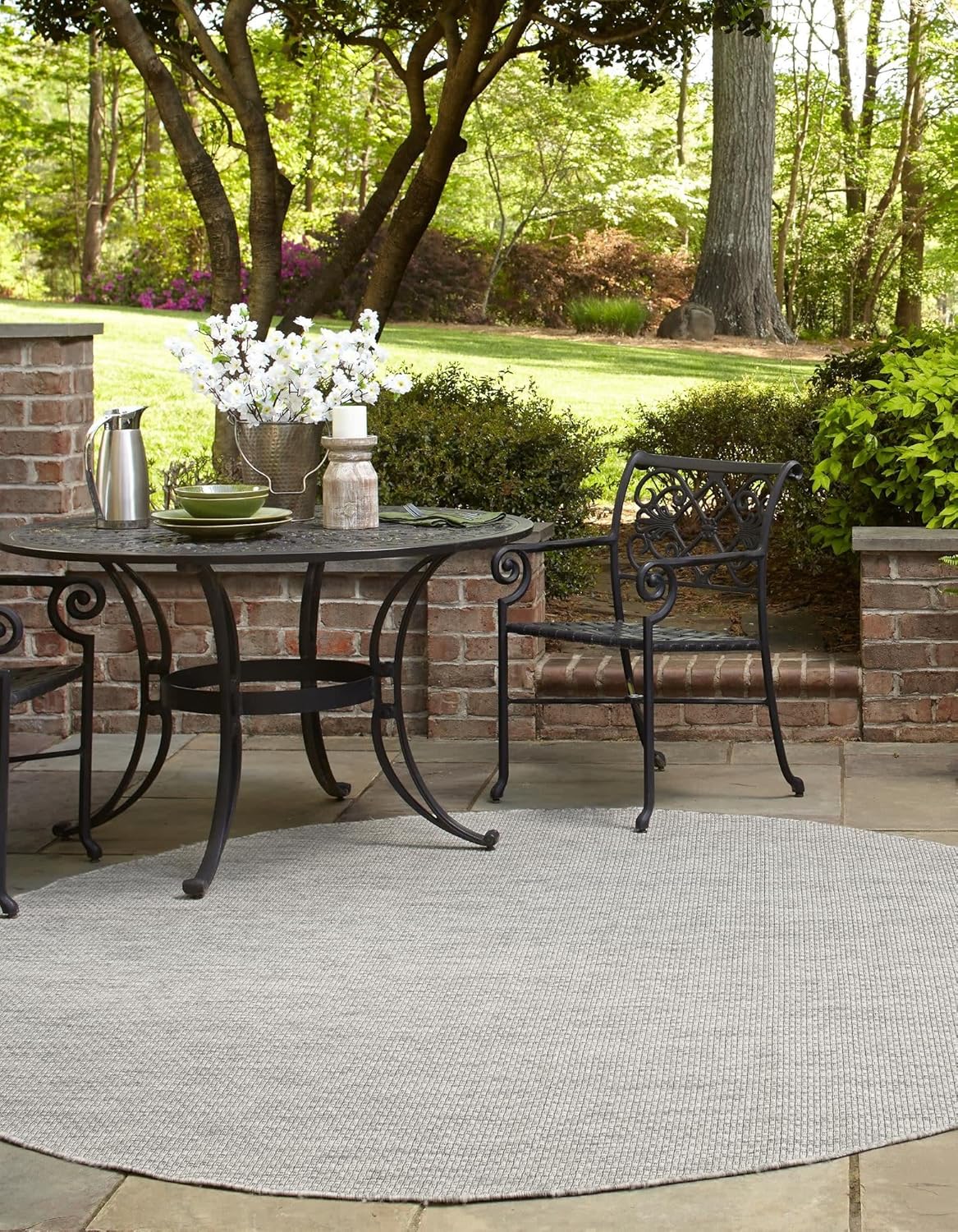 Unique Loom Collection Casual Transitional Solid Heathered Indoor/Outdoor Flatweave Area Rug (5' 1" Round, Light Gray/Ivory)