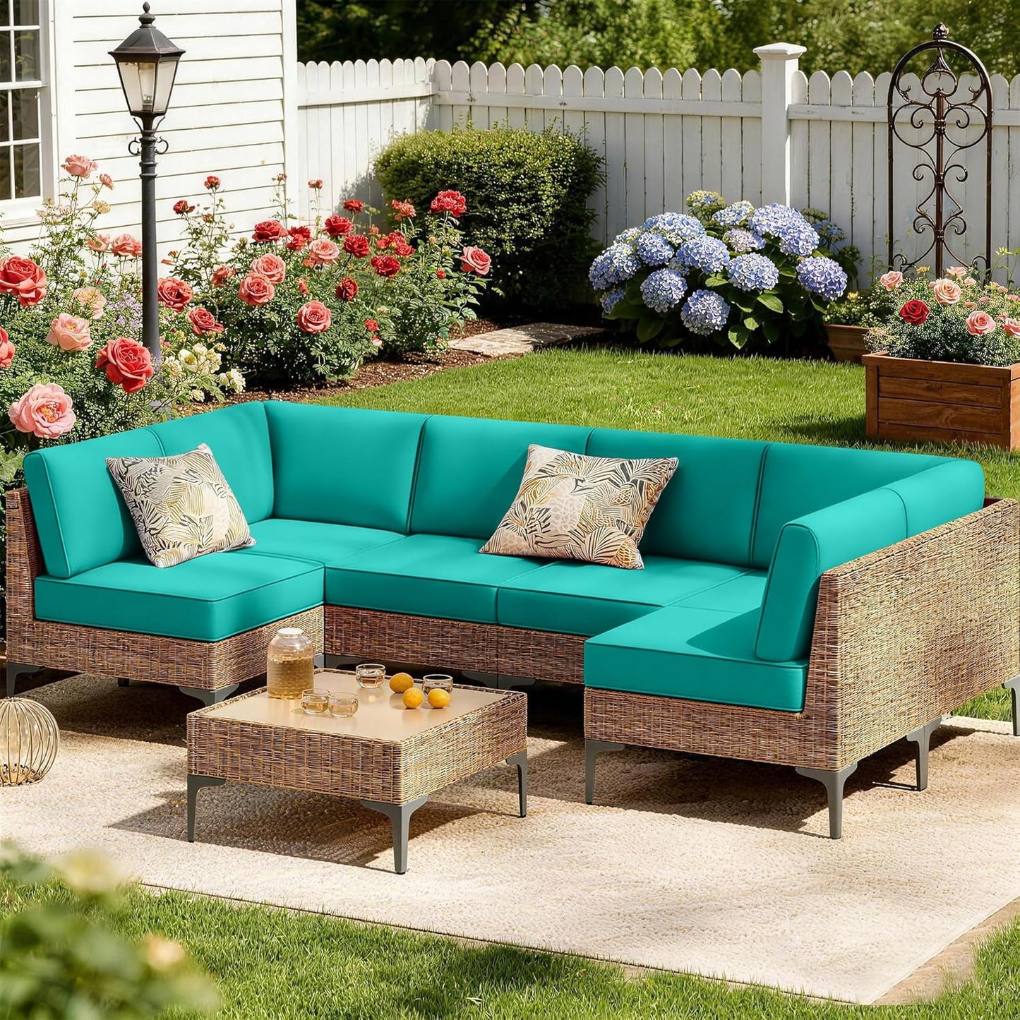 Outdoor Sectional Cushions 14-Piece Replacement Cushions Set for 6-Seat Patio Furniture Waterproof 4'' Thick Outdoor Sofa Cushion Patio Wicker Couch Cushion (Turquoise, 14-Piece Set)
