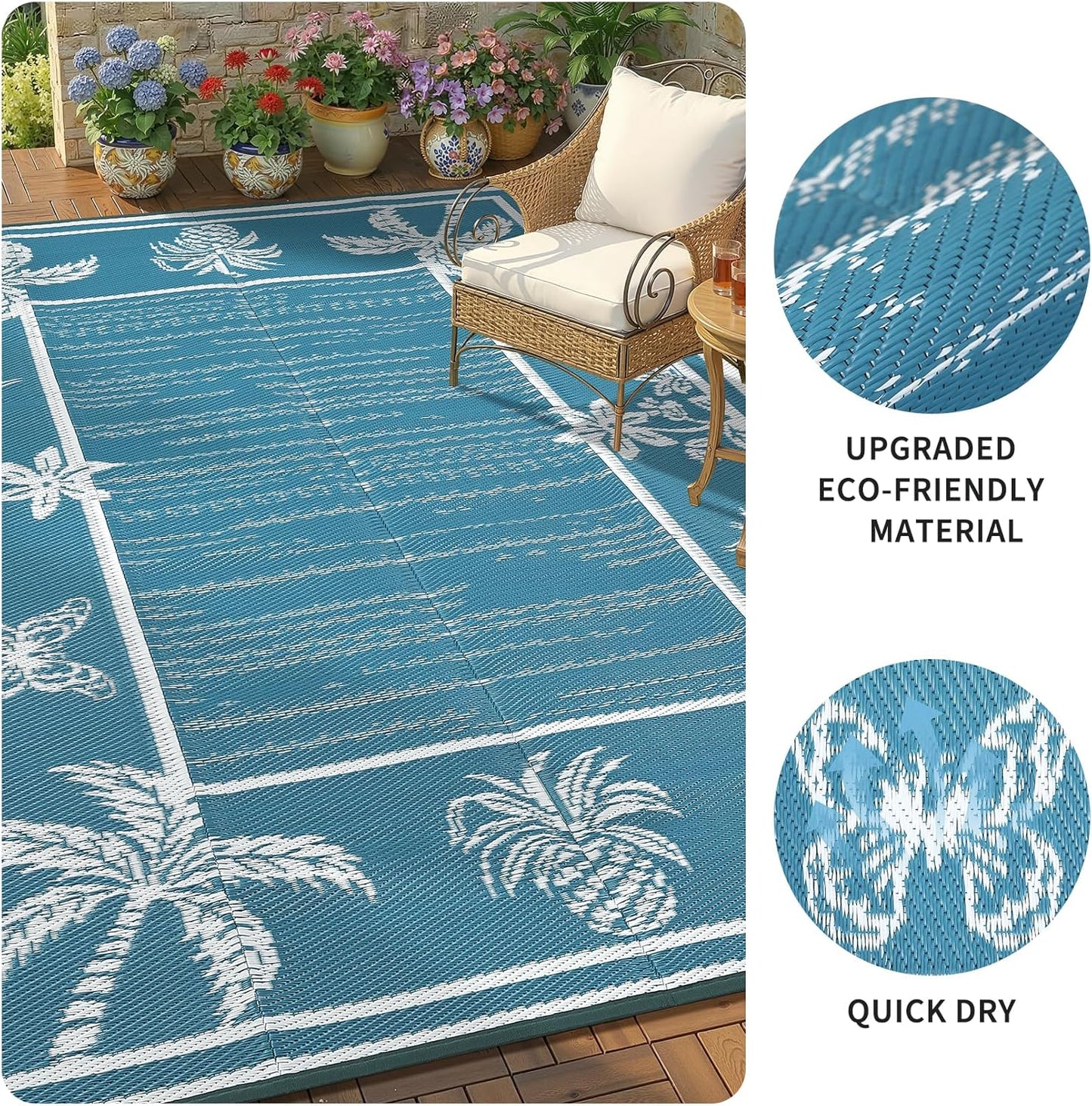 Garvee Outdoor Rug 5x8 Waterproof for Patios, Reversible Plastic Straw Rug, Tropical Leaf Indoor Outdoor Rugs, Large Area Rug for RV, Camping, Deck, Picnic Mat, Outside Carpet, Blue & White